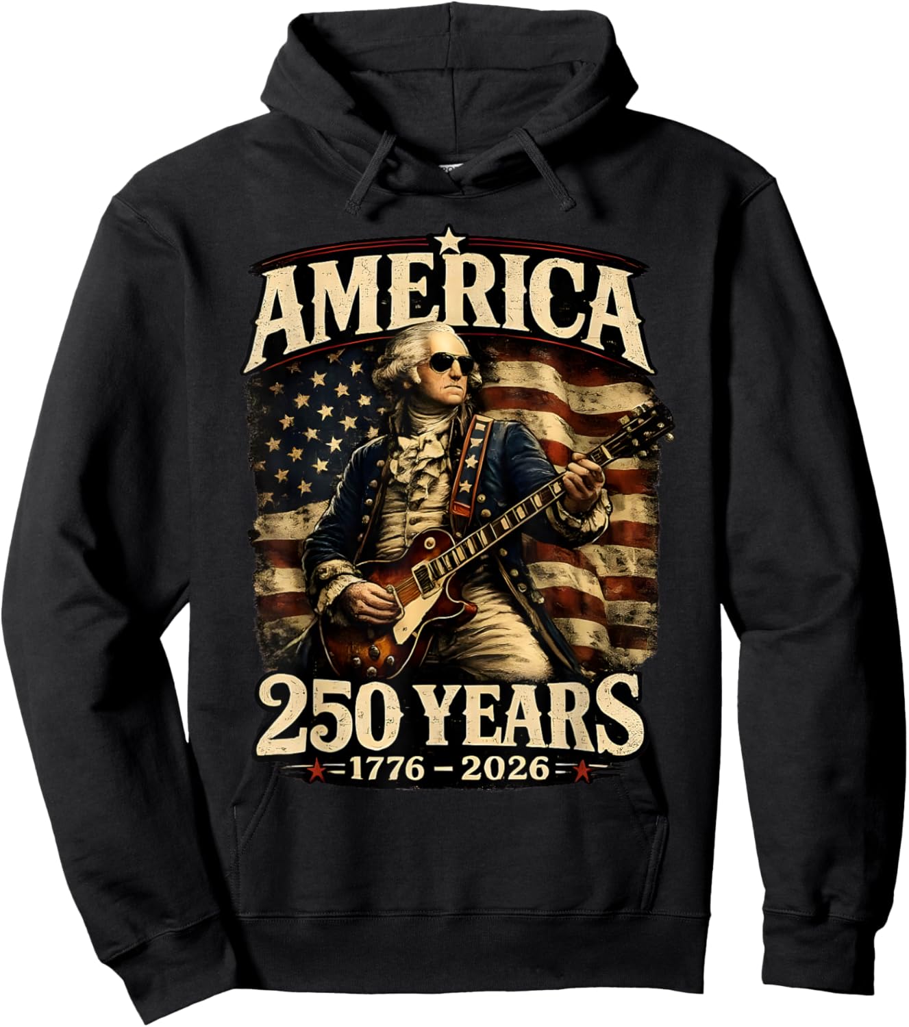 Vintage George Washington Playing Guitar 250 Years America Hoodie - Hoodie | Black