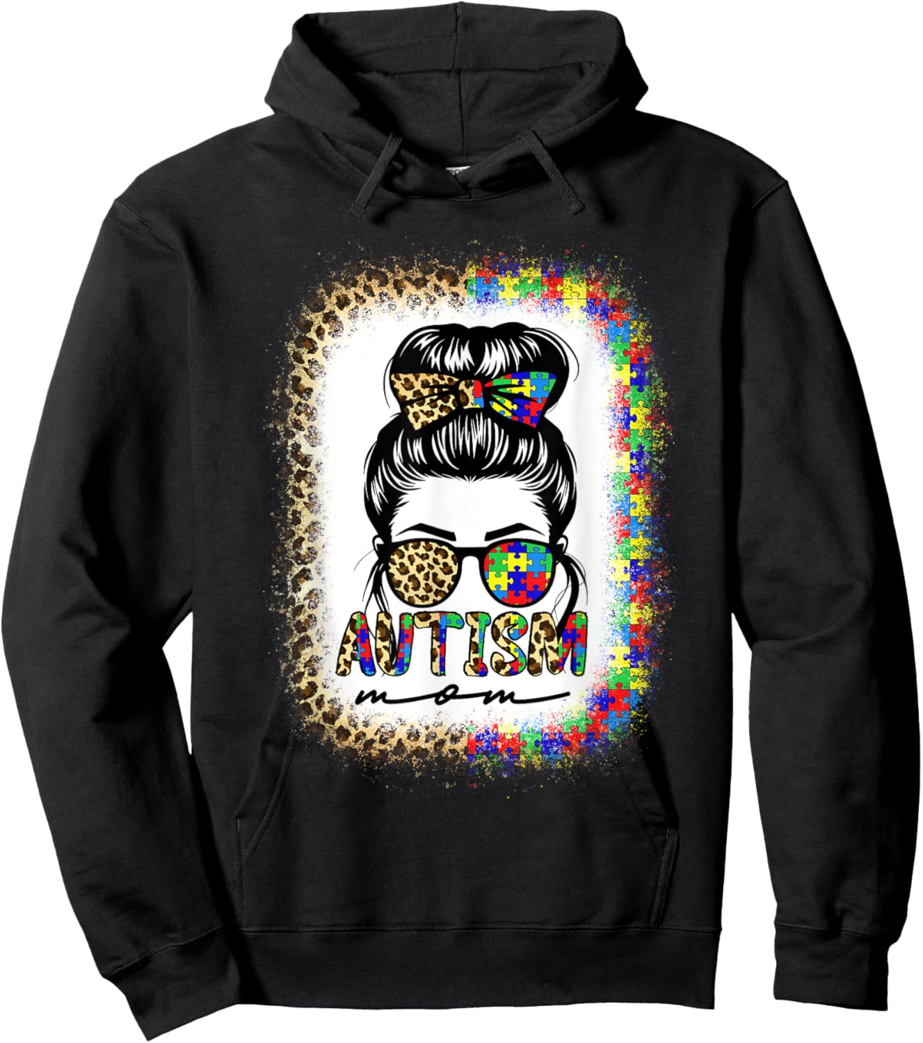 Autism Mom Messy Bun Puzzle Piece Awareness Mothers Day Hoodie - Hoodie | Black