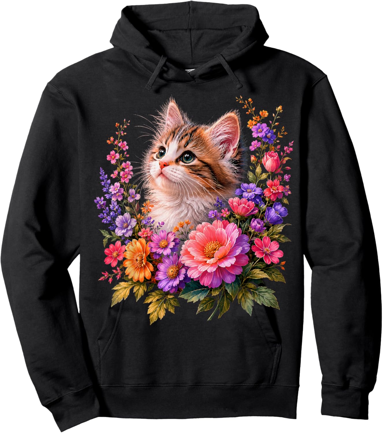 Cat Flower Floral Cute Kitten Vintage Flowers Art Cat Lover Hoodie - Hoodie | Black