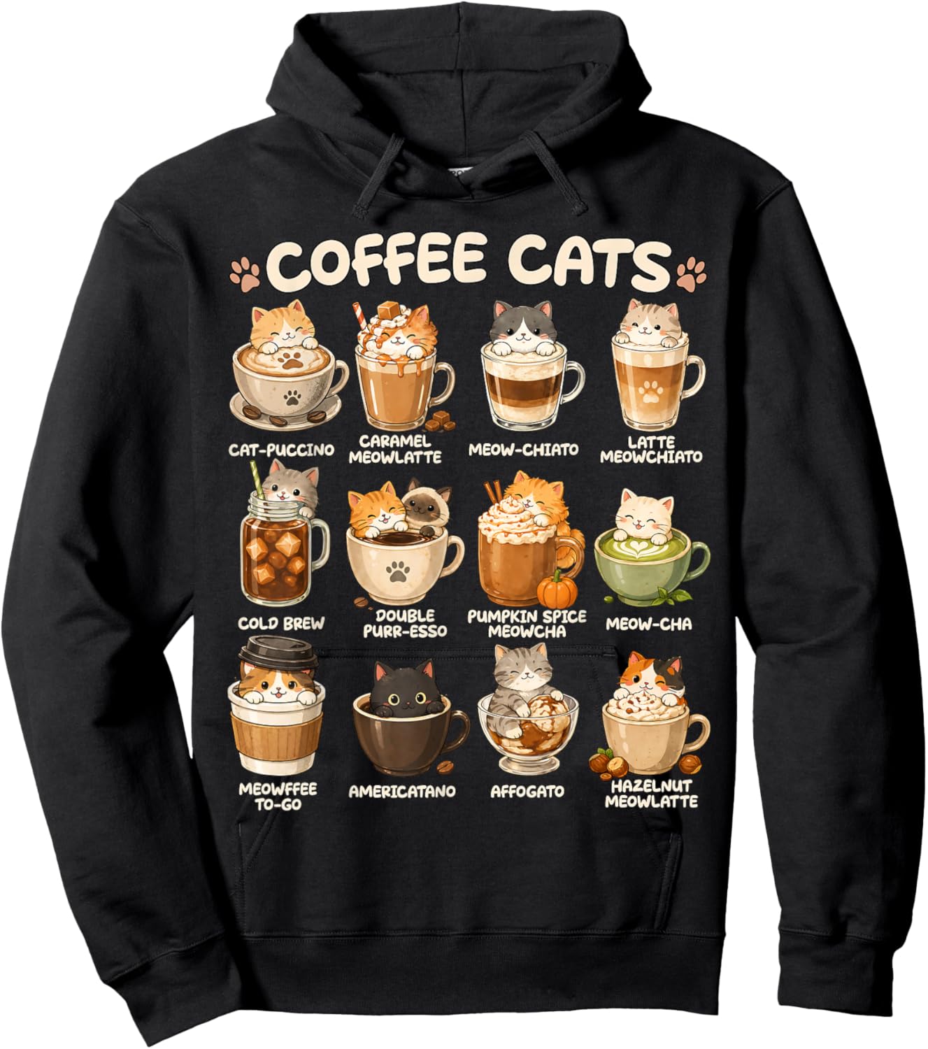 Kawaii Coffee Cats Cappuccino, niedliches Katzen-Café-Design, Anime-Design Hoodie - Hoodie | Black