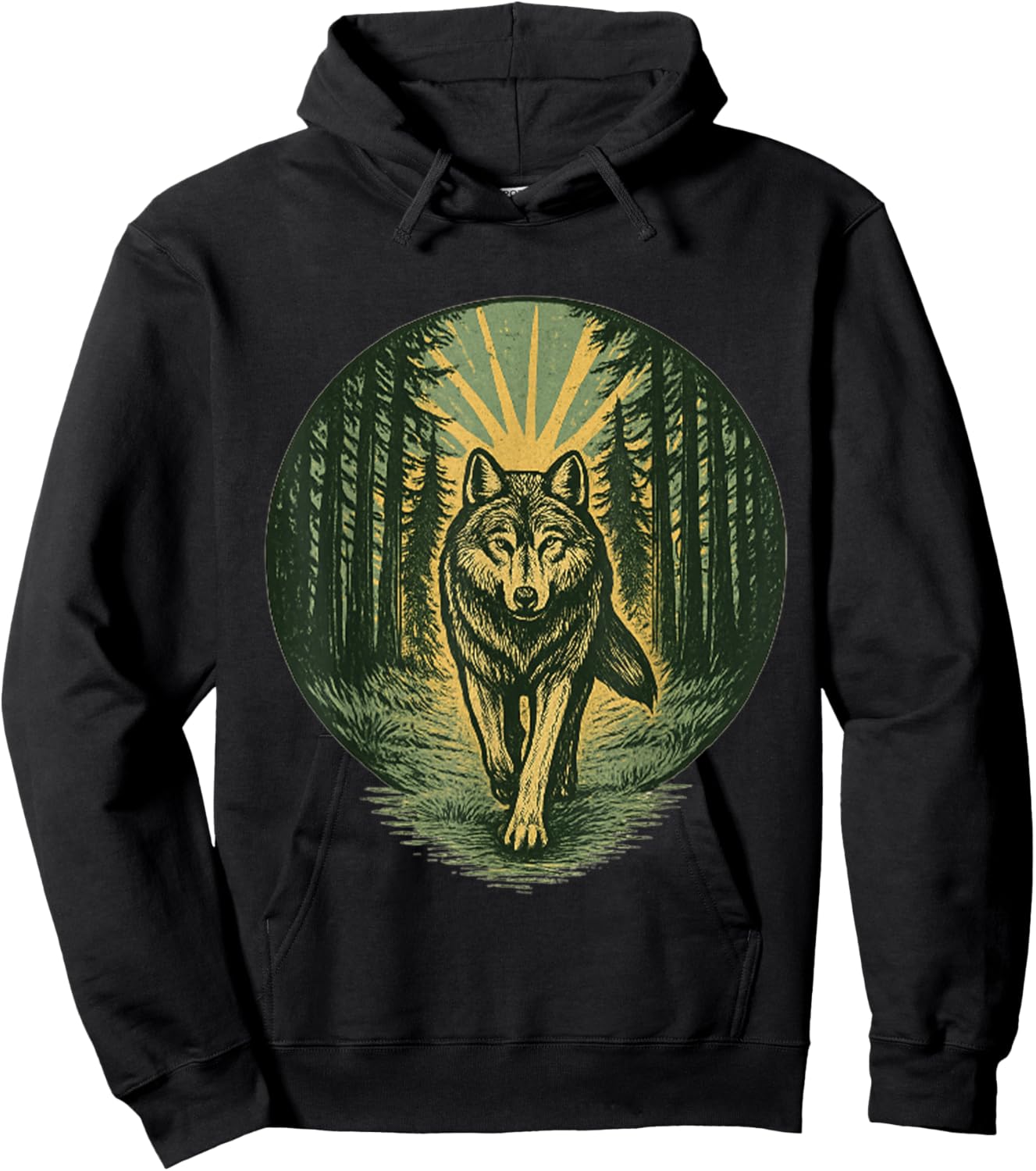 Strong Wolf Forest Path Vintage Woodcut Outdoor Nature Lover Hoodie - Hoodie | Black