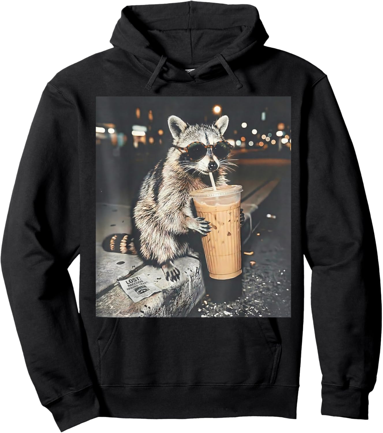 Lustiger Waschbär trinkt Eiskaffee bei Nacht Tier Meme Hoodie - Hoodie | Black