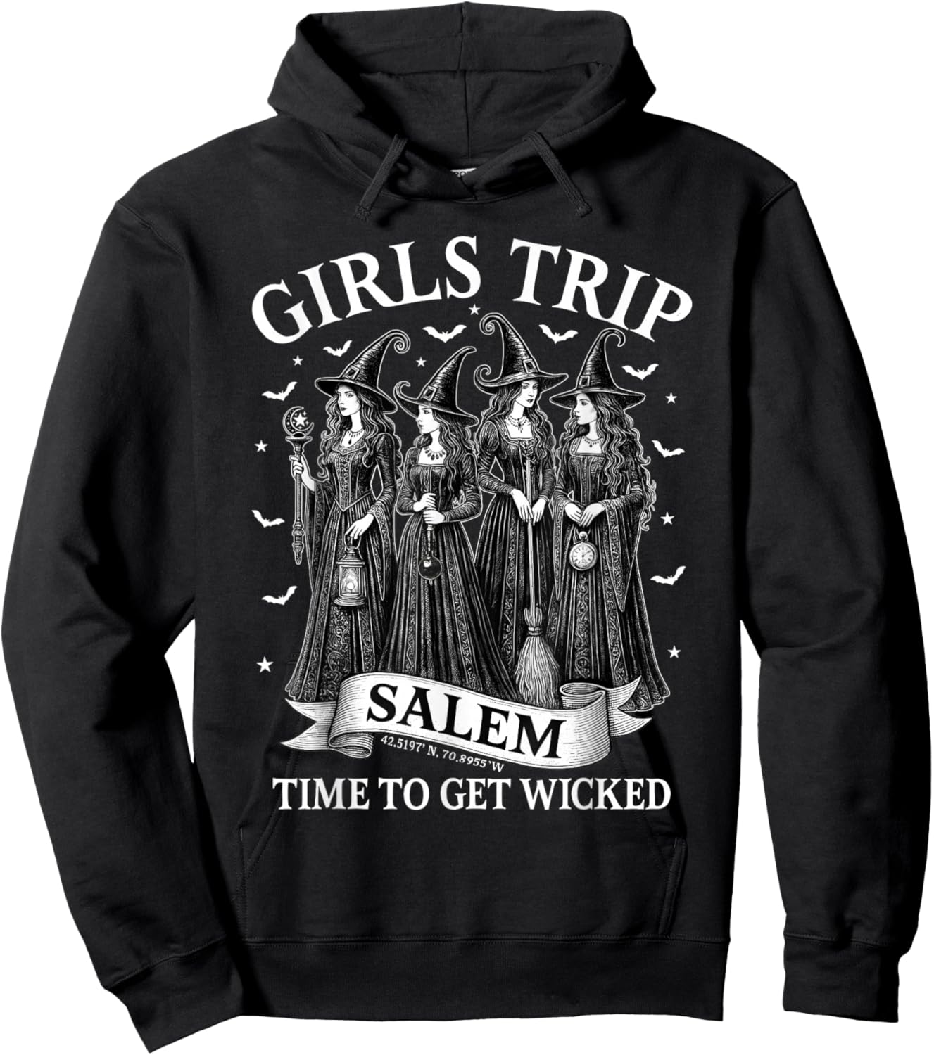 Vintage Girls Trip Salem Time to Get Wicked Halloween Witchy Hoodie - Hoodie | Black