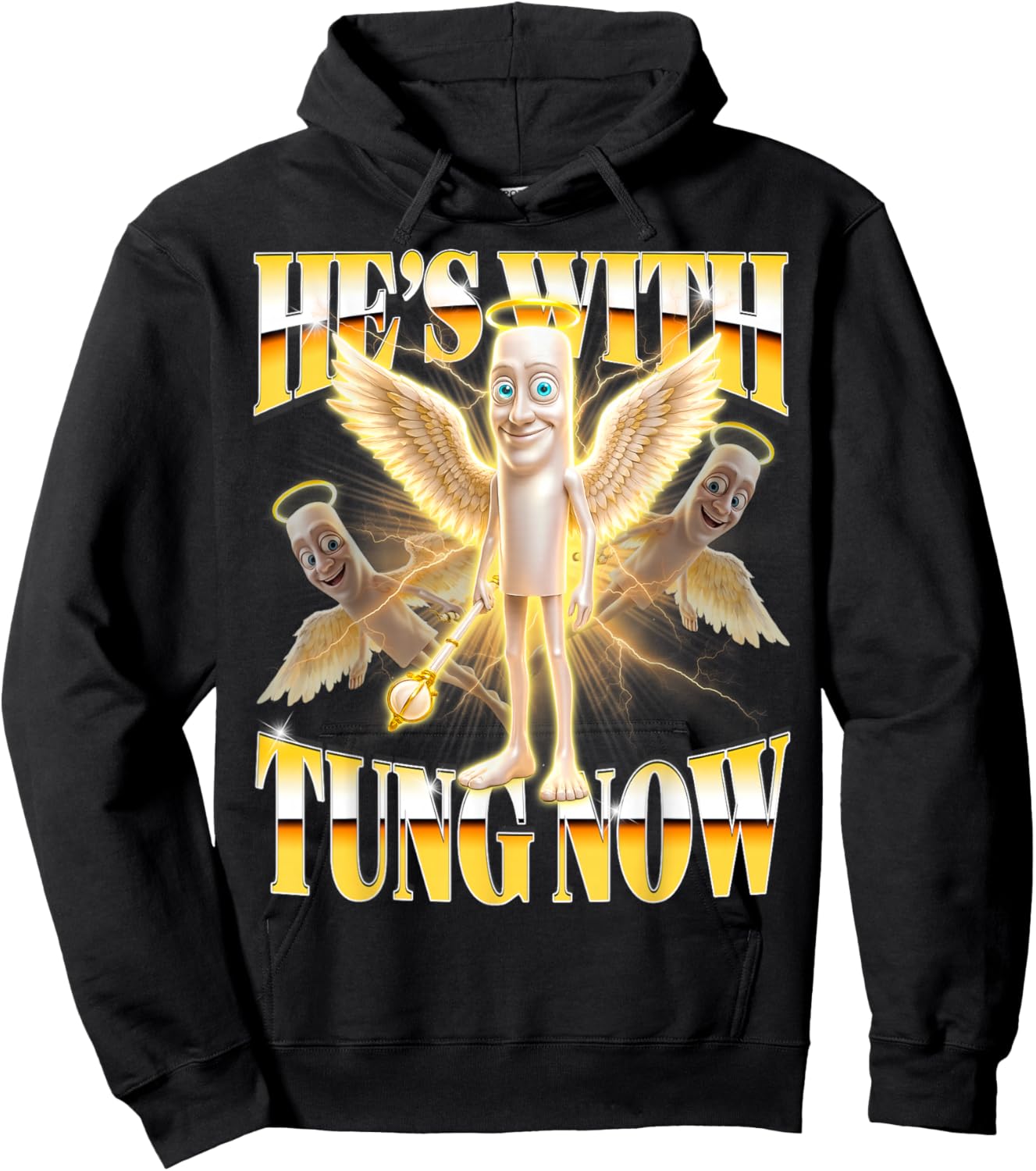 He's with Tung Now Y2K Bootleg Tung God Brainrot Meme Hoodie - Hoodie | Black