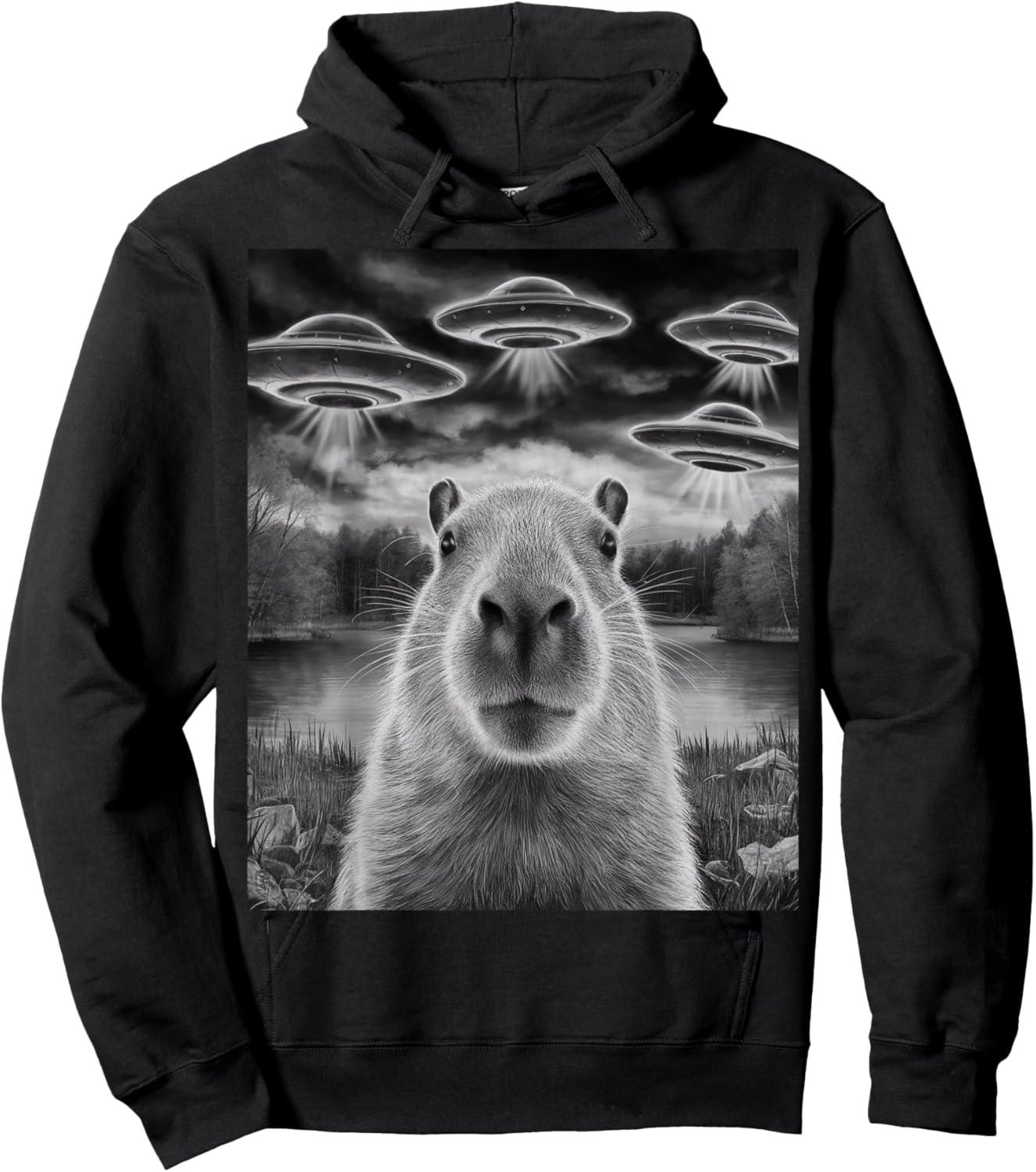 Funny Capybara Selfie with UFOs Weird Design Women Men Hoodie - Hoodie | Black