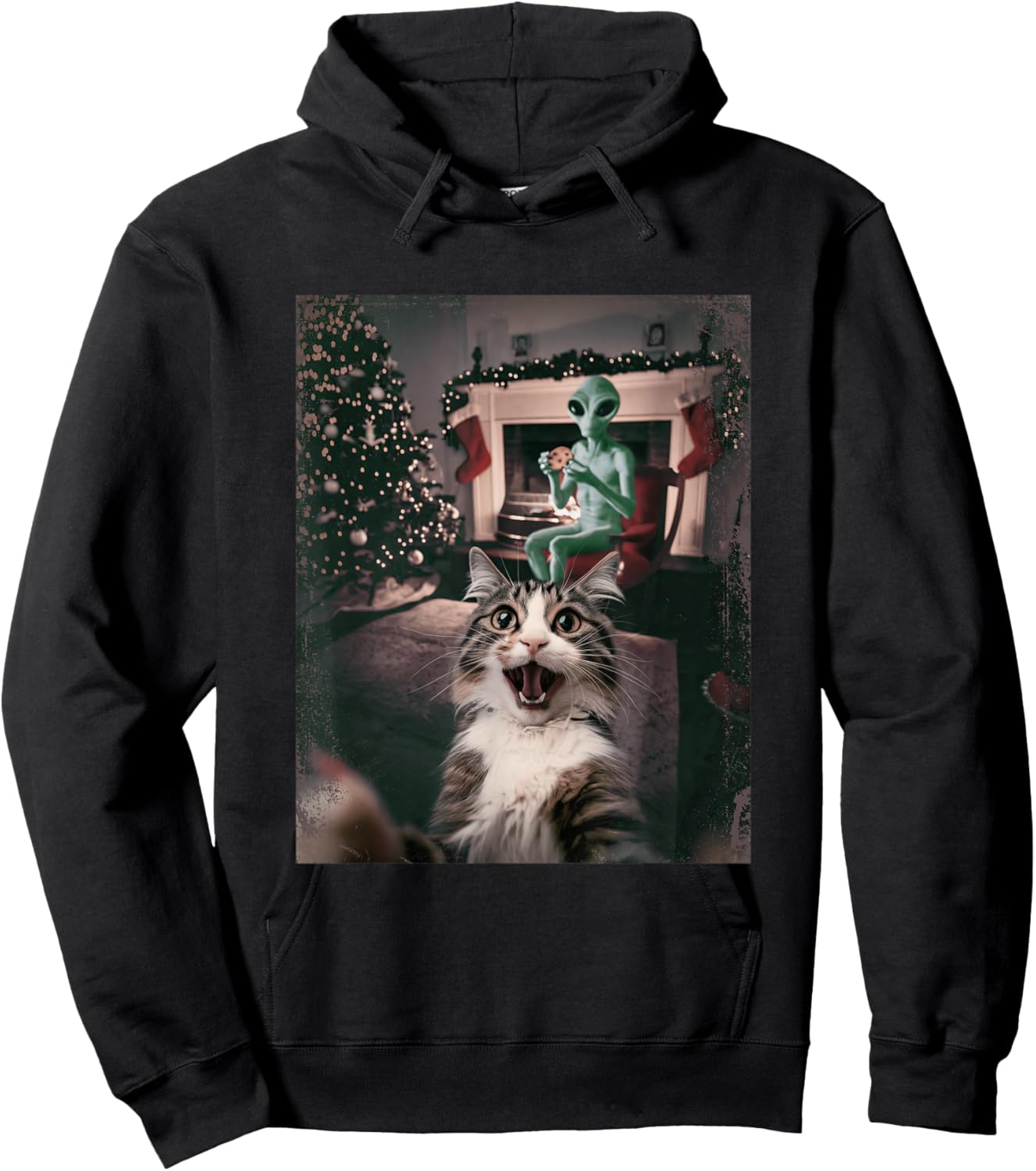Funny Xmas Cat Selfie Alien Ugly Sweater Christmas Outfit Hoodie - Hoodie | Black