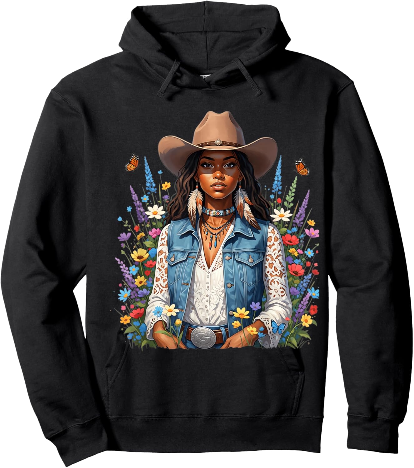 Beautiful Black Cowgirl with Wildflower Western Vibes Flower Hoodie - Hoodie | Black