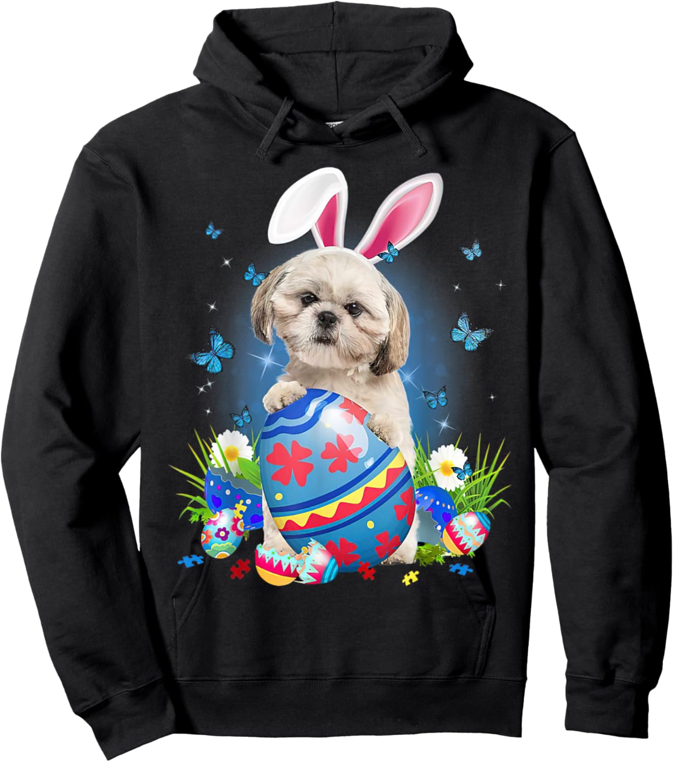 Easter Cute Shih Tzu Dog Lover Bunny Eggs Easter Men Women Hoodie - Hoodie | Black