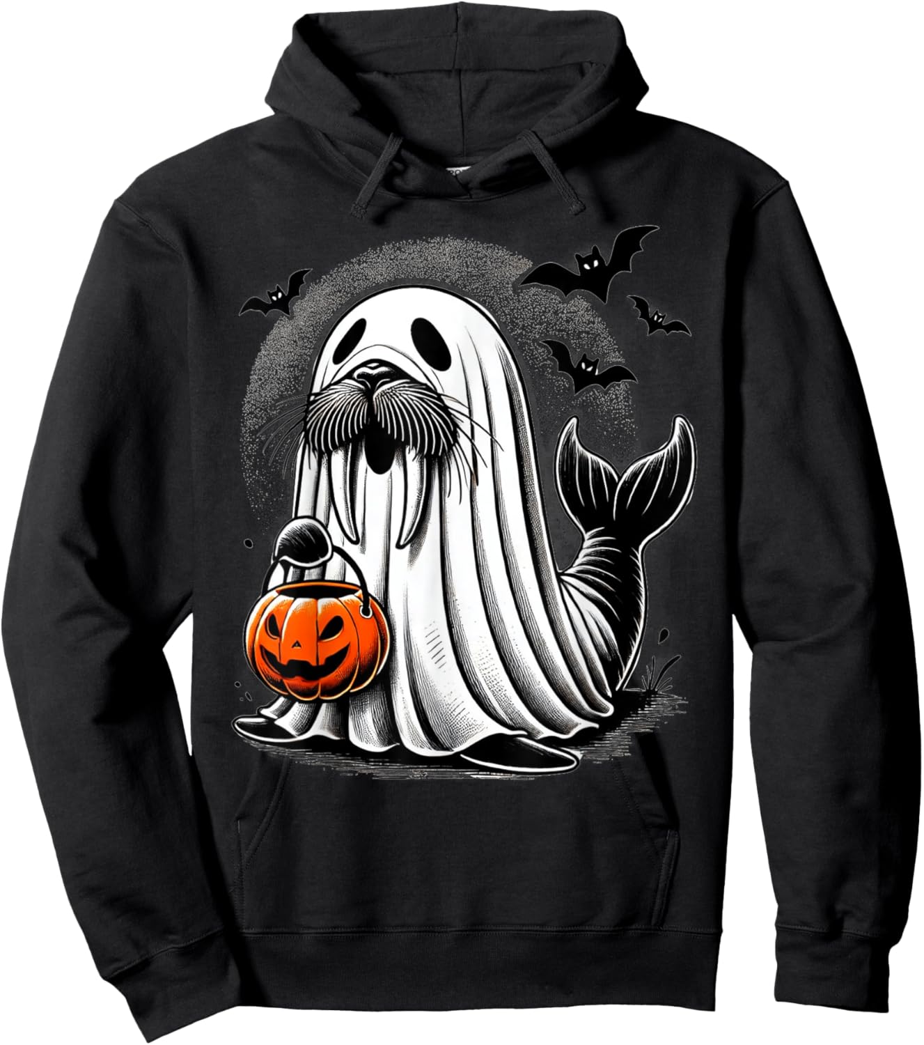 Funny Halloween Seal Ghost Costume Walrus Holding Pumpkin Hoodie - Hoodie | Black
