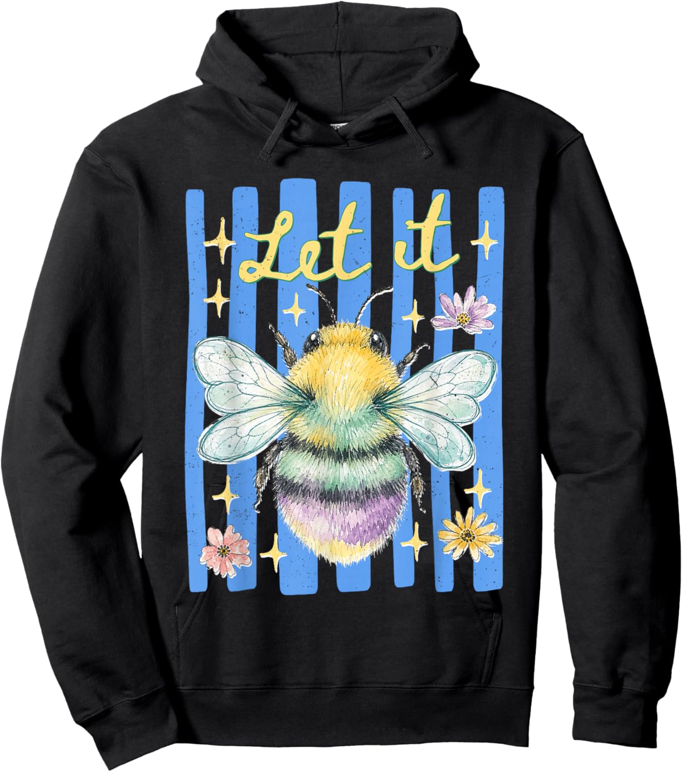 Preppy Let It Bee Stripes Floral Summer Vibes Positive Quote Hoodie - Hoodie | Black