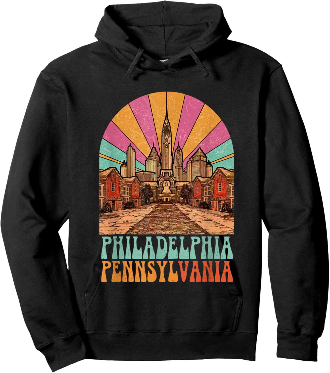 Vintage Philadelphia Pennsylvania Skyline Cityscape Retro Hoodie - Hoodie | Black