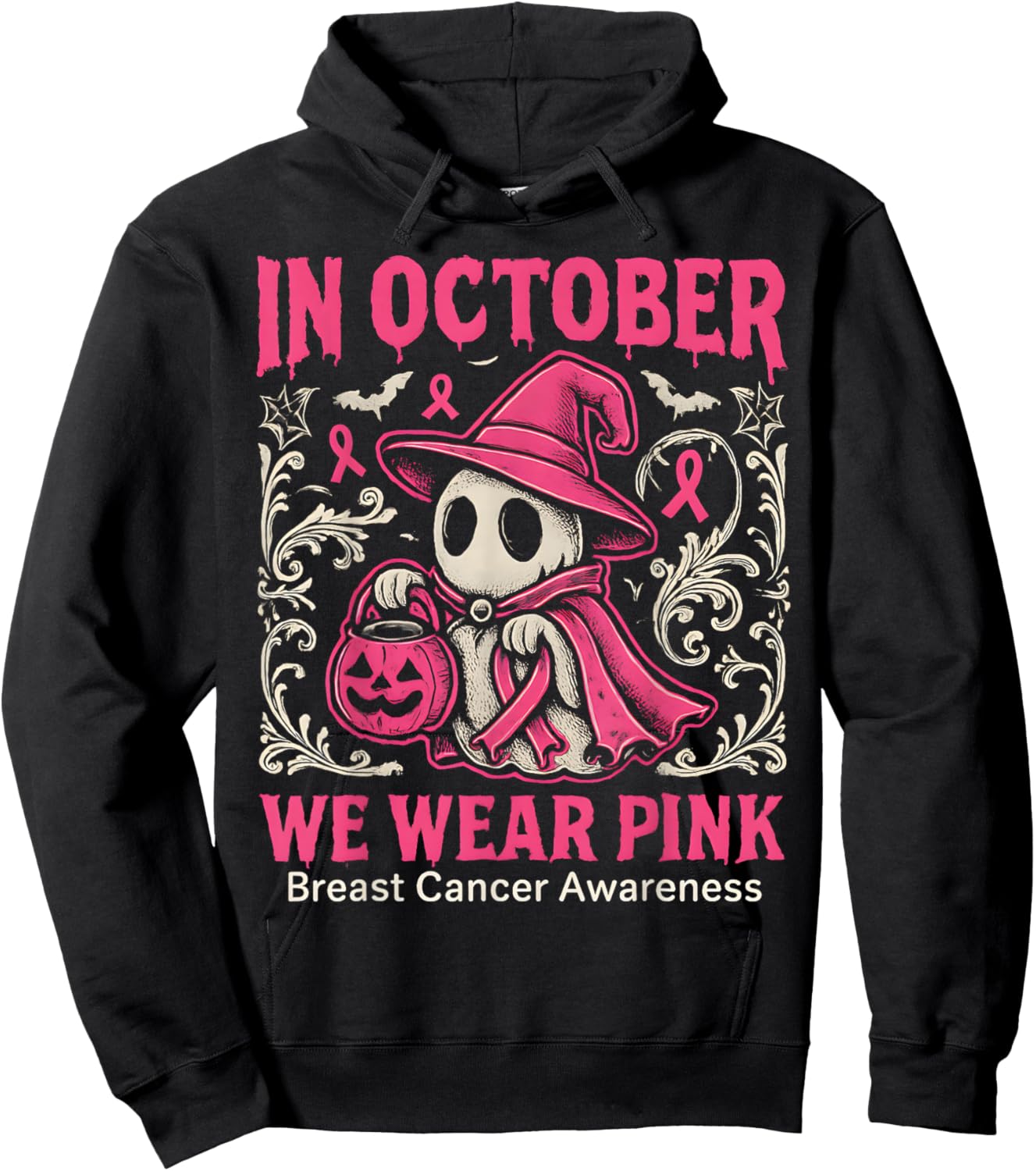 in October We Wear Pink Ghost Halloween Women Breast Cancer Hoodie - Hoodie | Black