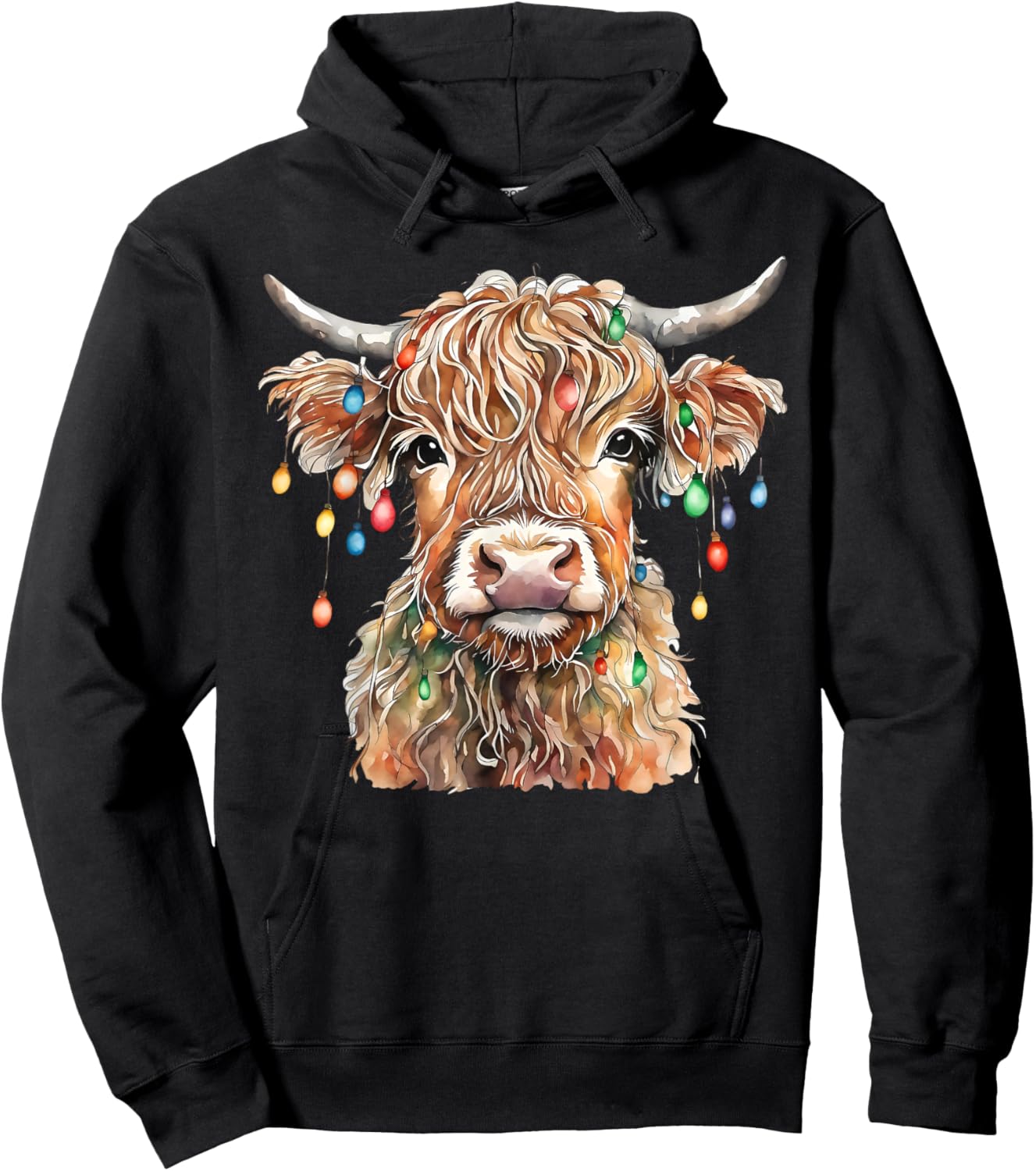 Highland Cow Xmas Lights Merry Christmas Pajamas Holiday Hoodie - Hoodie | Black