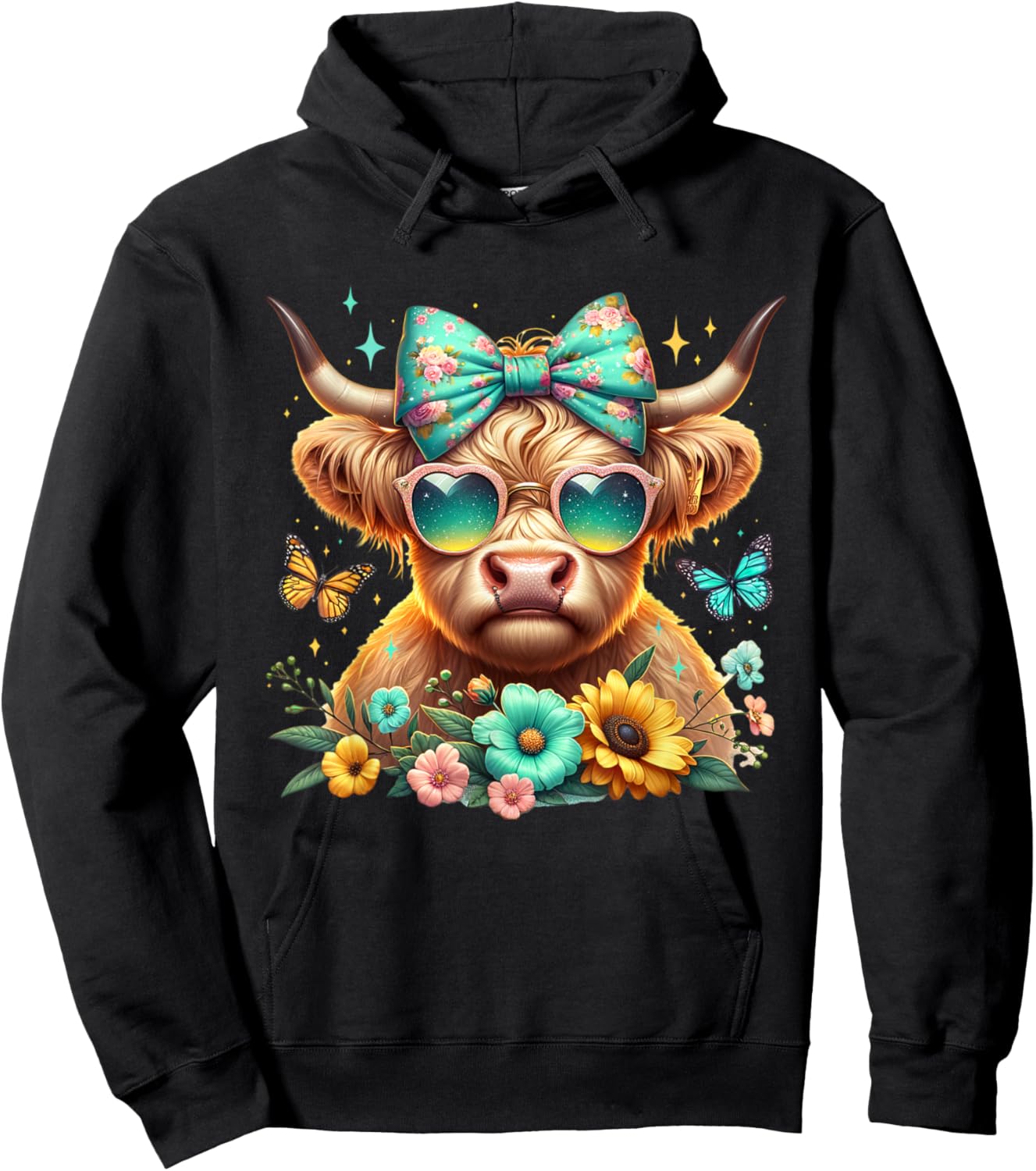 Highland Cow Mama Floral Bow Glasses Butterfly Orange Teal Hoodie - Hoodie | Black