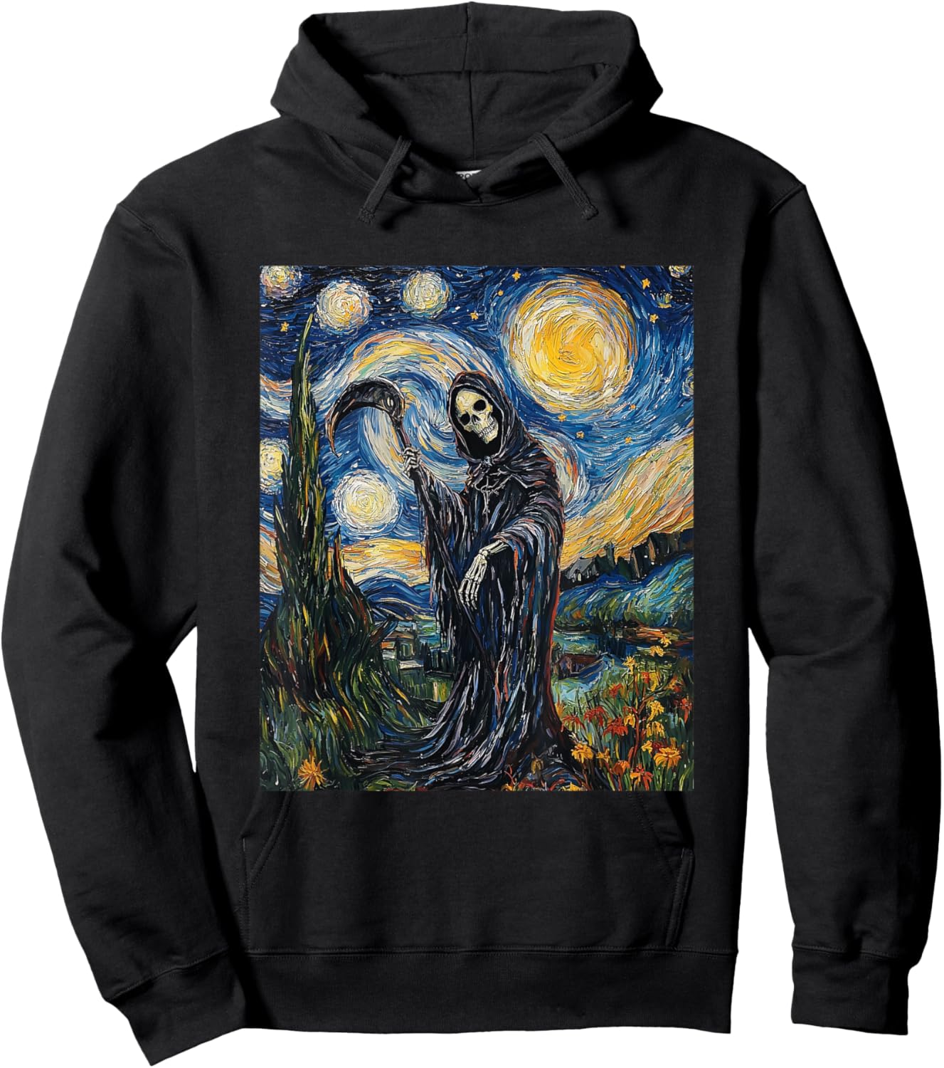 Grim Reaper Skeleton - Van Gogh Style - Starry Night Hoodie - Hoodie | Black