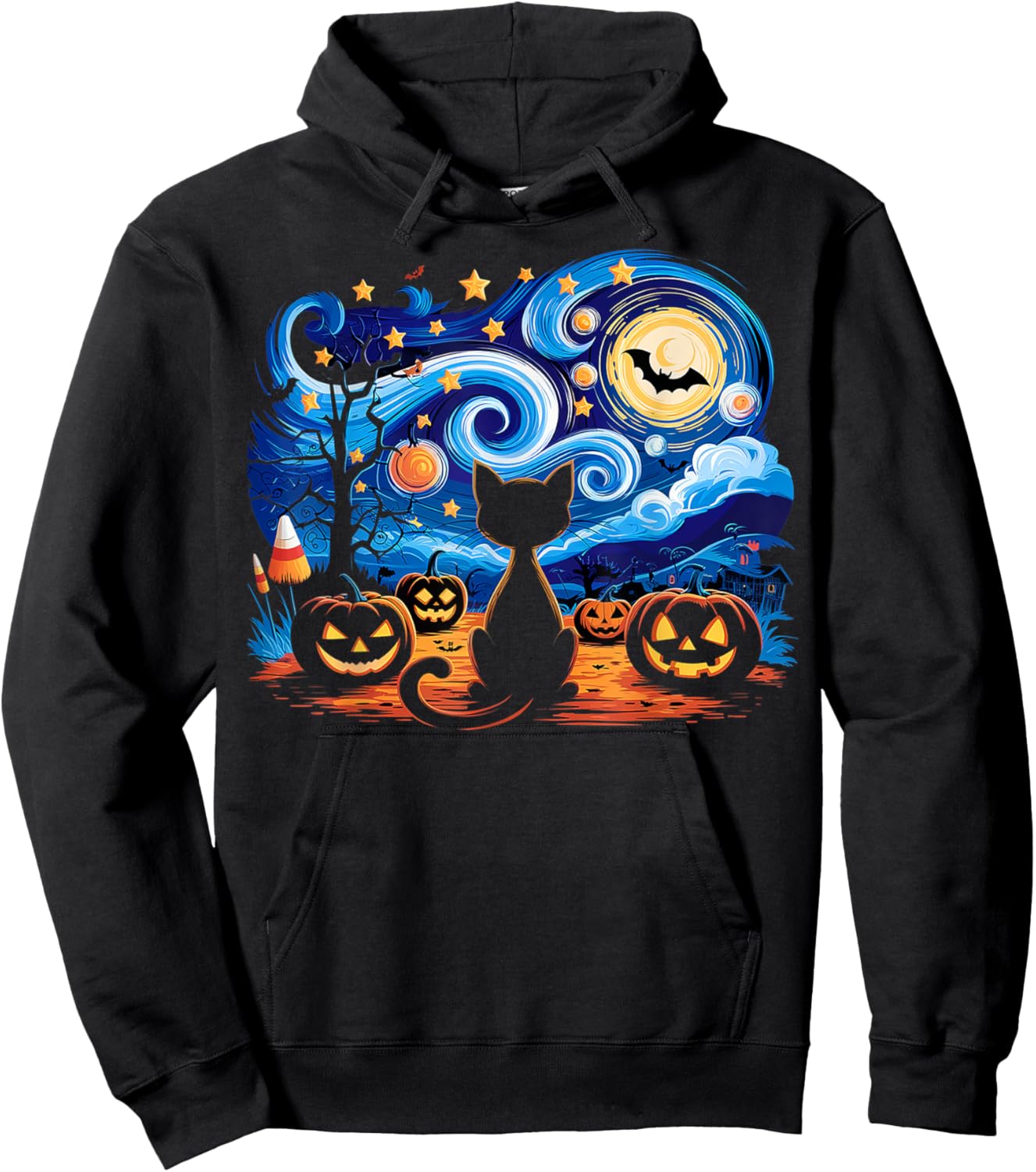 Halloween Cat Starry Night Gifts Cat Mom Cat Dad Cat Lover Hoodie - Hoodie | Black