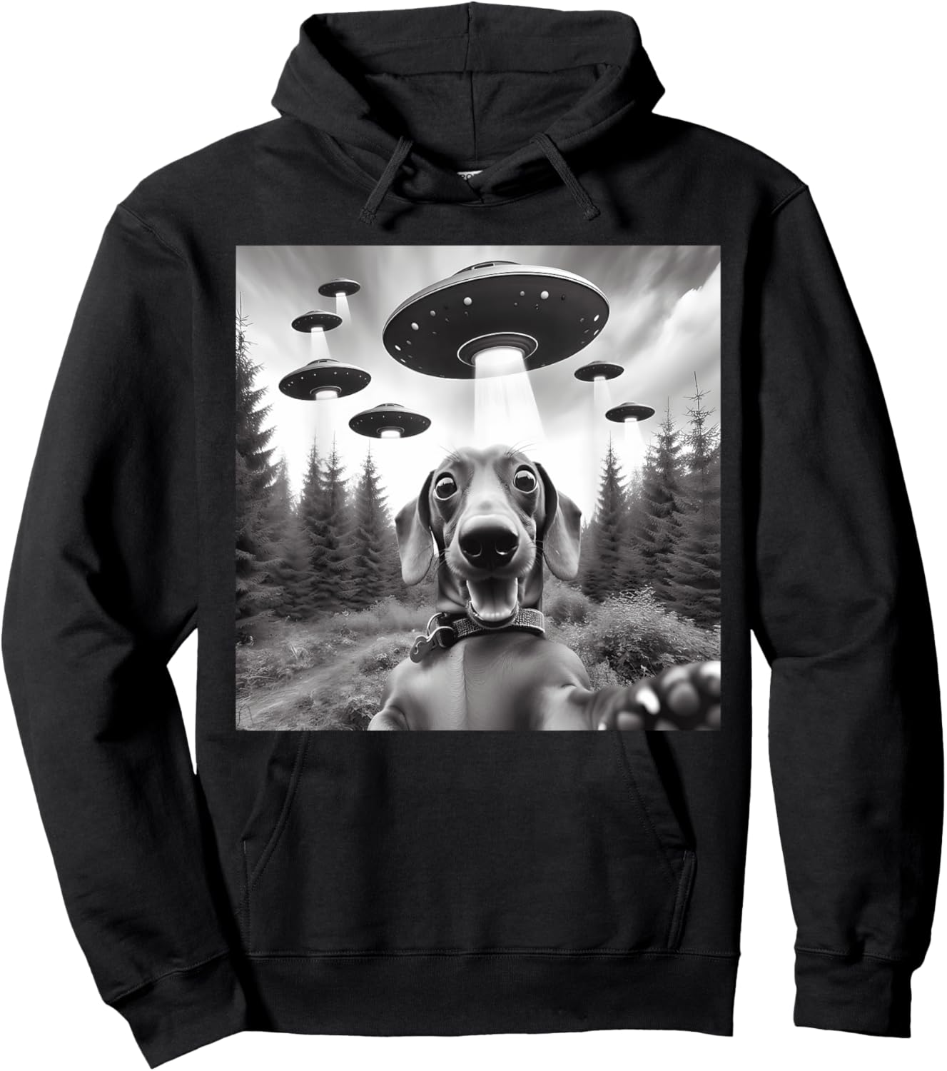 Dachshund Selfie with UFOs Outer Space Alien Kids Dog Owners Hoodie - Hoodie | Black
