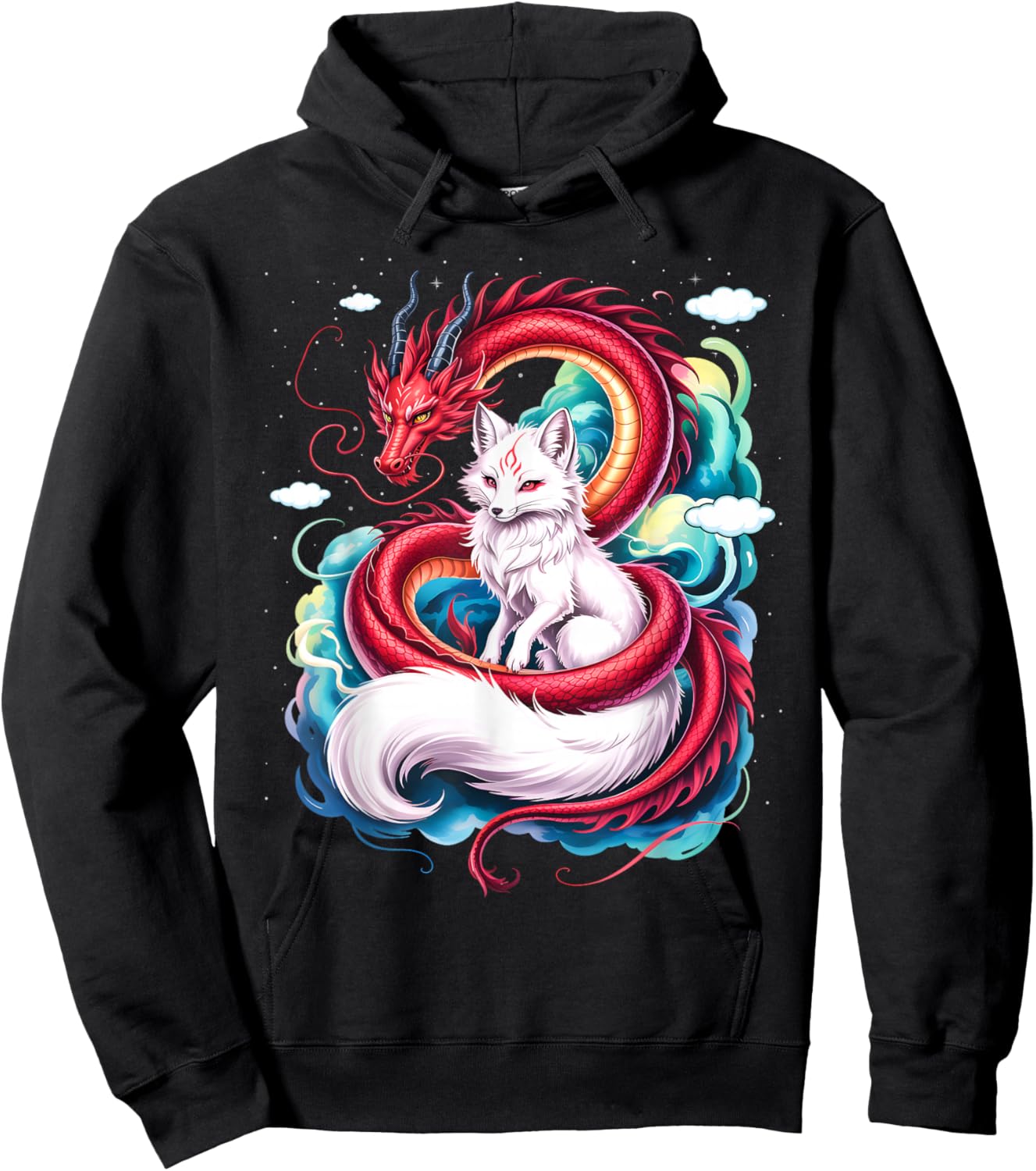 Japanese Anime Dragon and Kitsune Fox Hoodie - Hoodie | Black