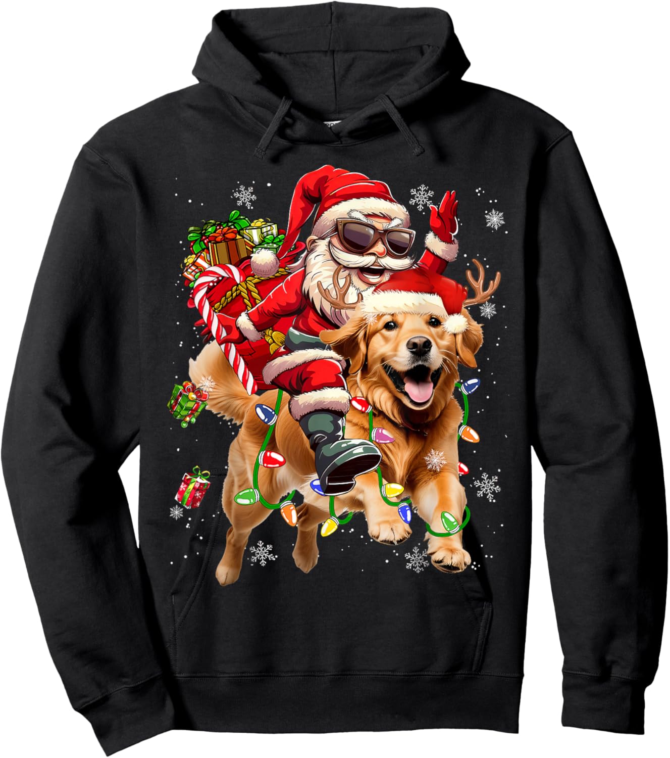 Merry Christmas 2025 Santa Riding Golden Retriever Dog Xmas Hoodie - Hoodie | Black