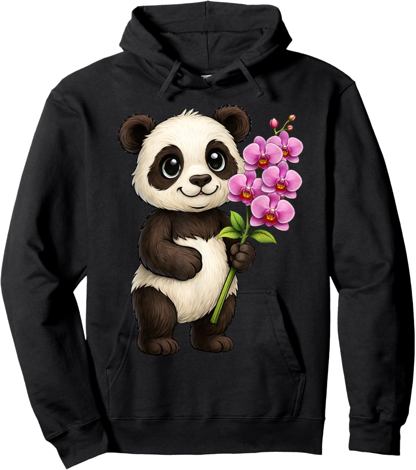 Cute Panda Bear Holding Orchid Flower Hoodie - Hoodie | Black