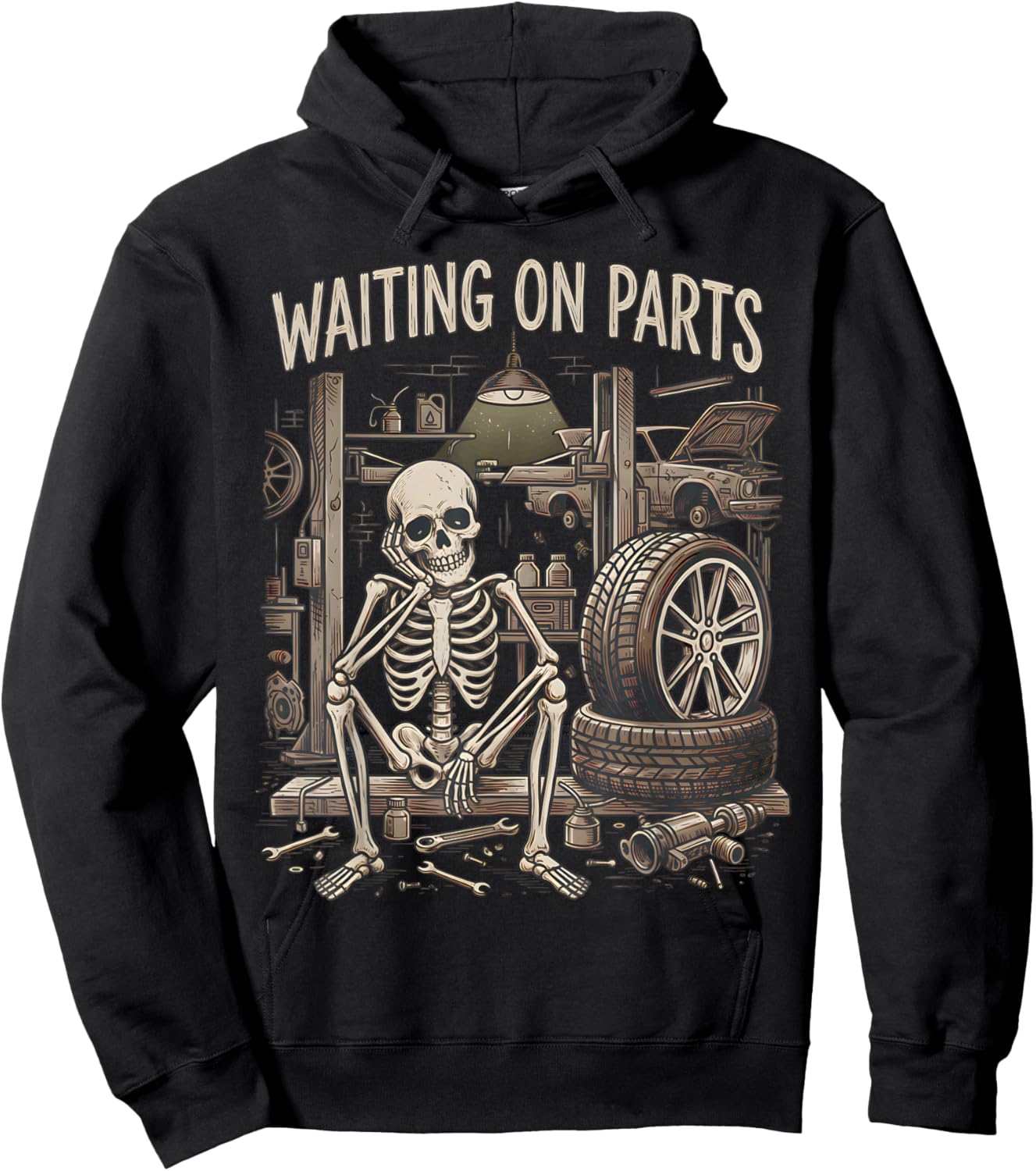 Waiting On Parts Funny Skeleton Auto Mechanic Technician Hoodie - Hoodie | Black