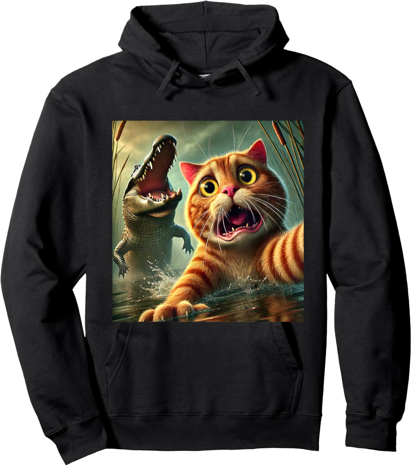 Cat Selfie With Alligator Funny Cat And Alligator Hoodie - Hoodie | Black