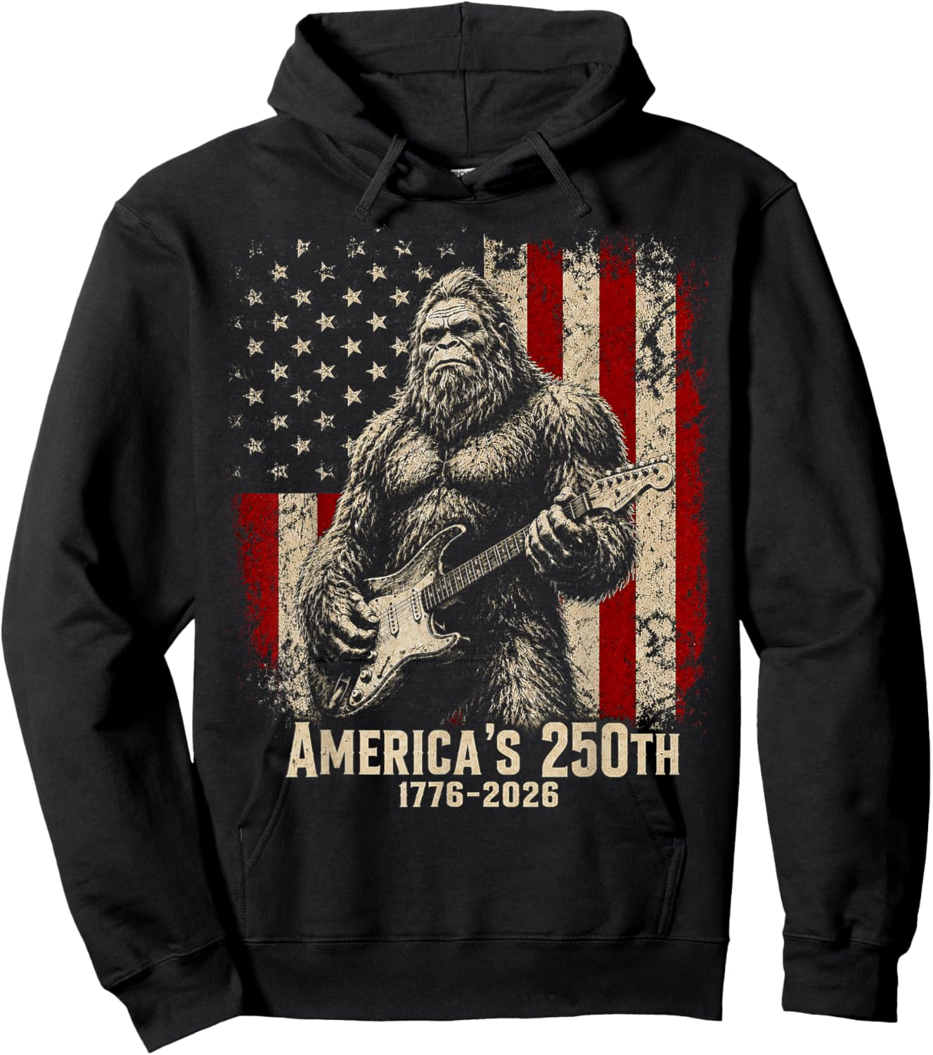Bigfoot Sasquatch Playing Guitar 250 Years American USA Flag Hoodie - Hoodie | Black