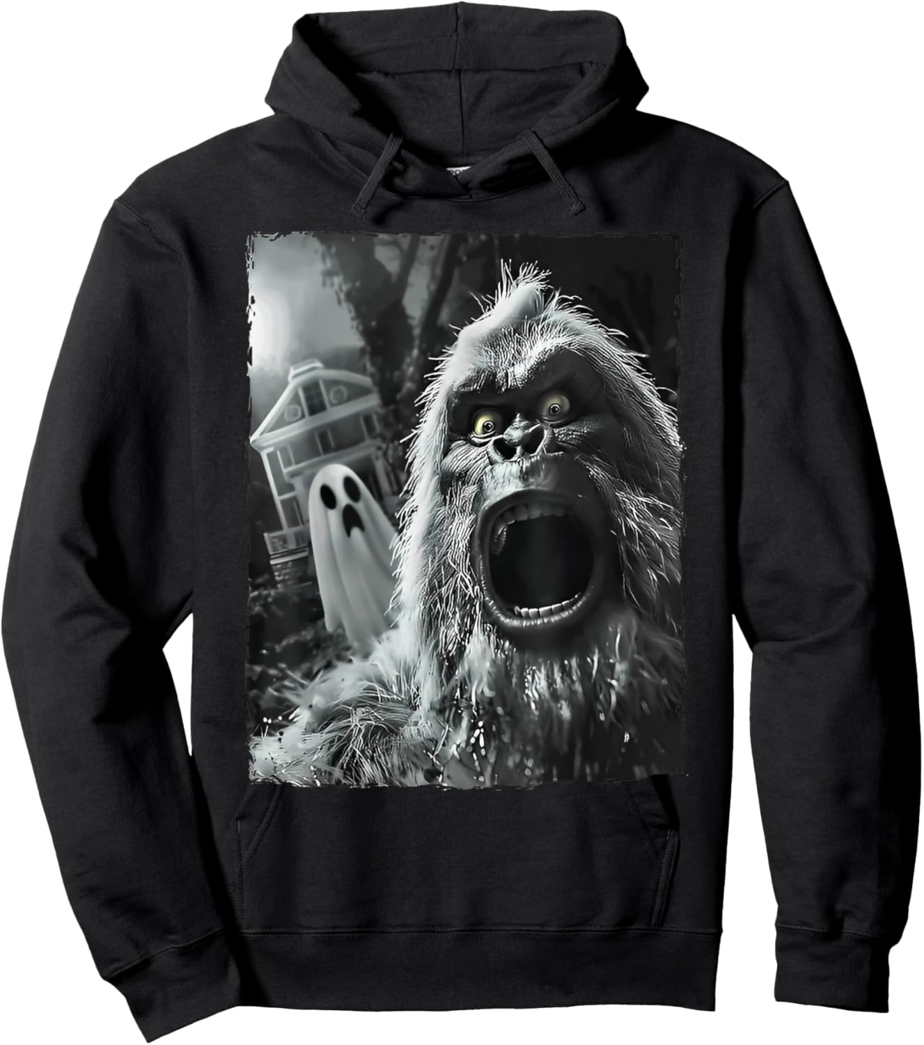 Bigfoot Sasquatch Selfie with Ghost Halloween Haunted House Hoodie - Hoodie | Black