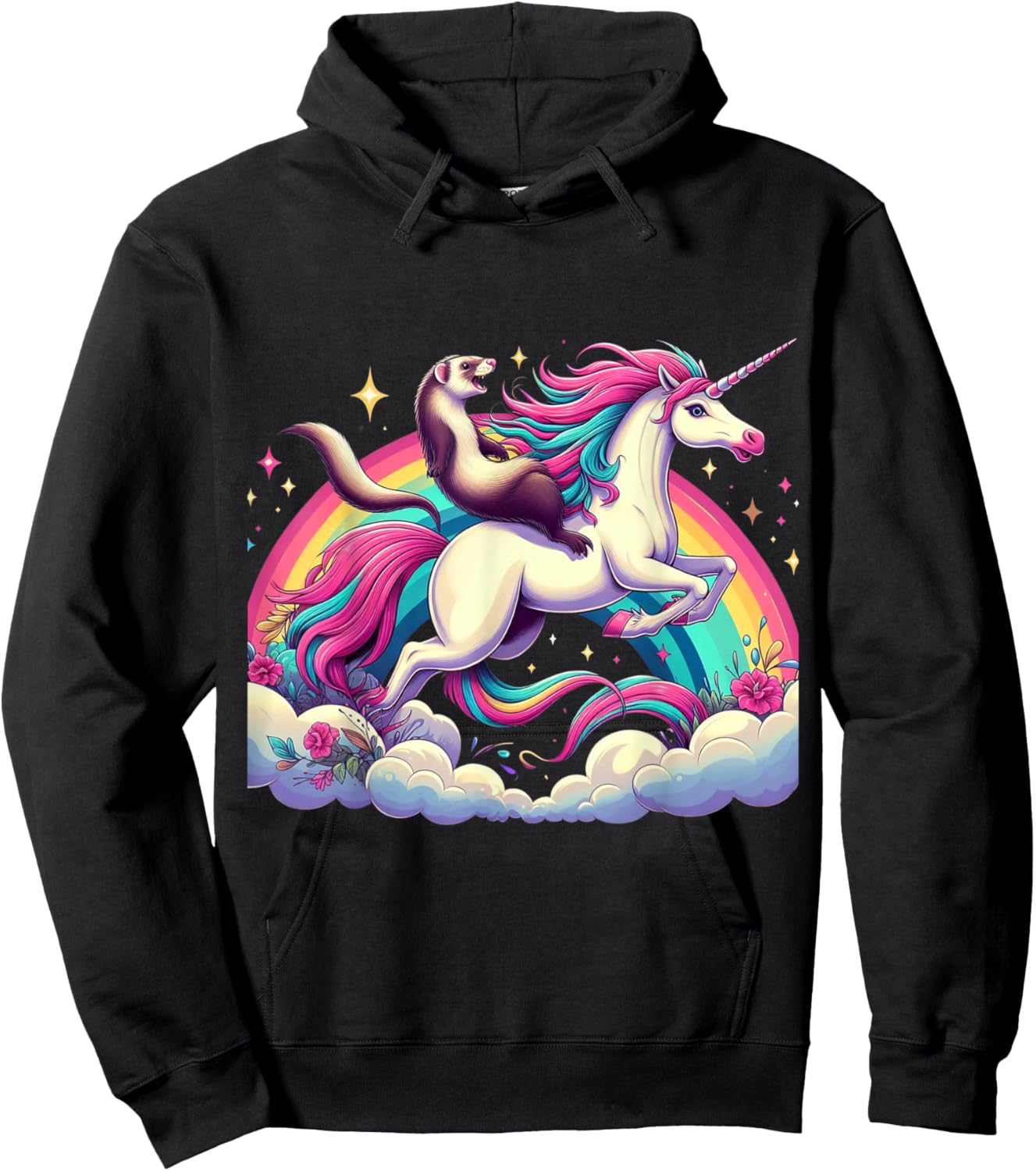Ferret Riding Unicorn Boys Girls Men Women Kids Rainbow Hoodie - Hoodie | Black