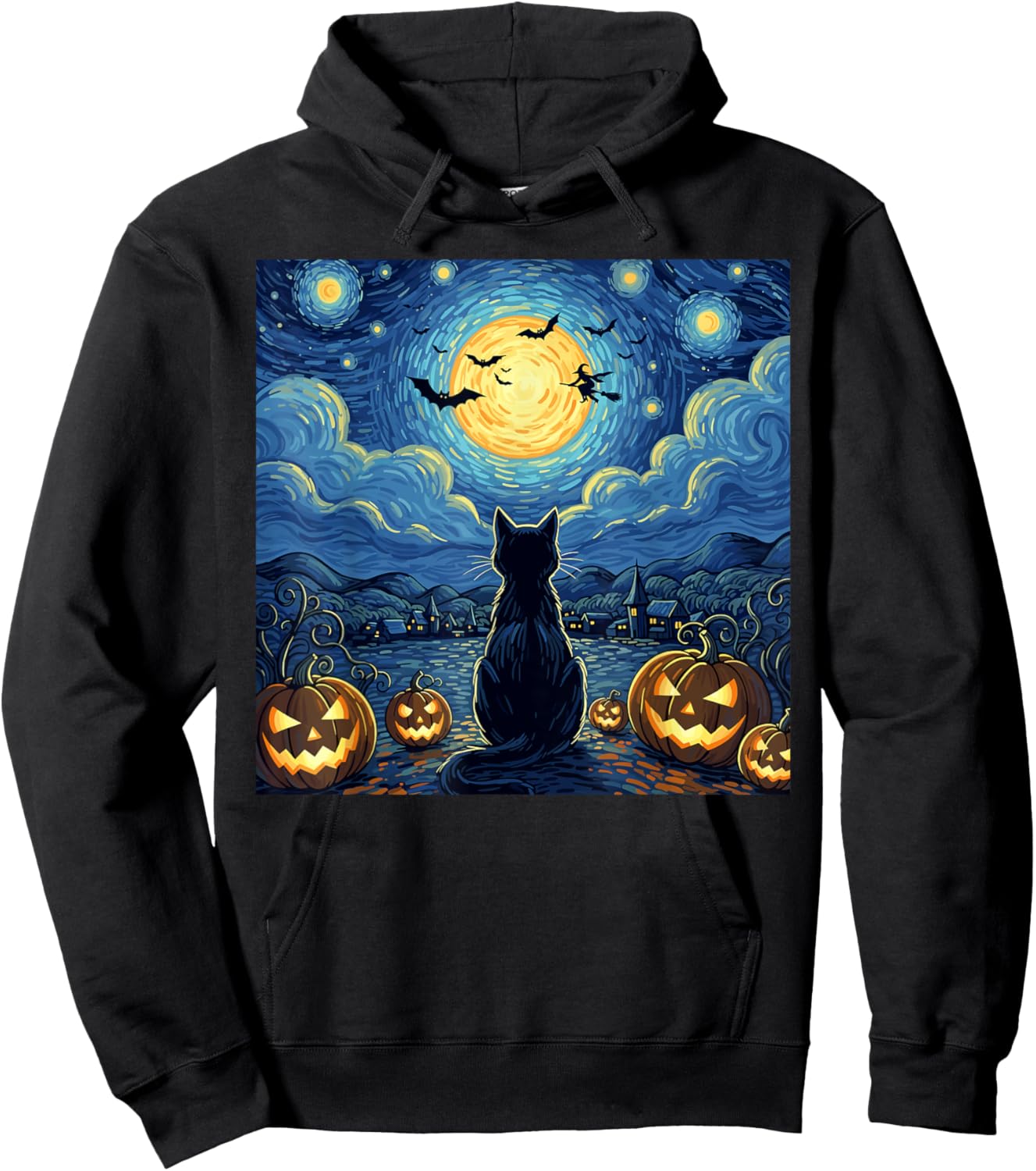 Halloween Black Cat Starry Night Witch Pumpkin Moon Hoodie - Hoodie | Black
