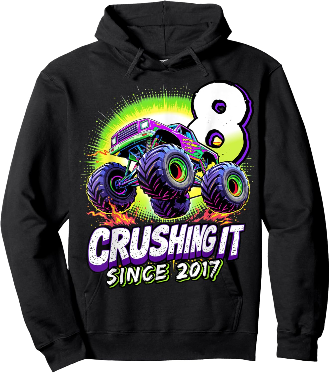 Birthday Monster Truck 8 year Old Boys 8th Party Born 2017 Hoodie - Hoodie | Black
