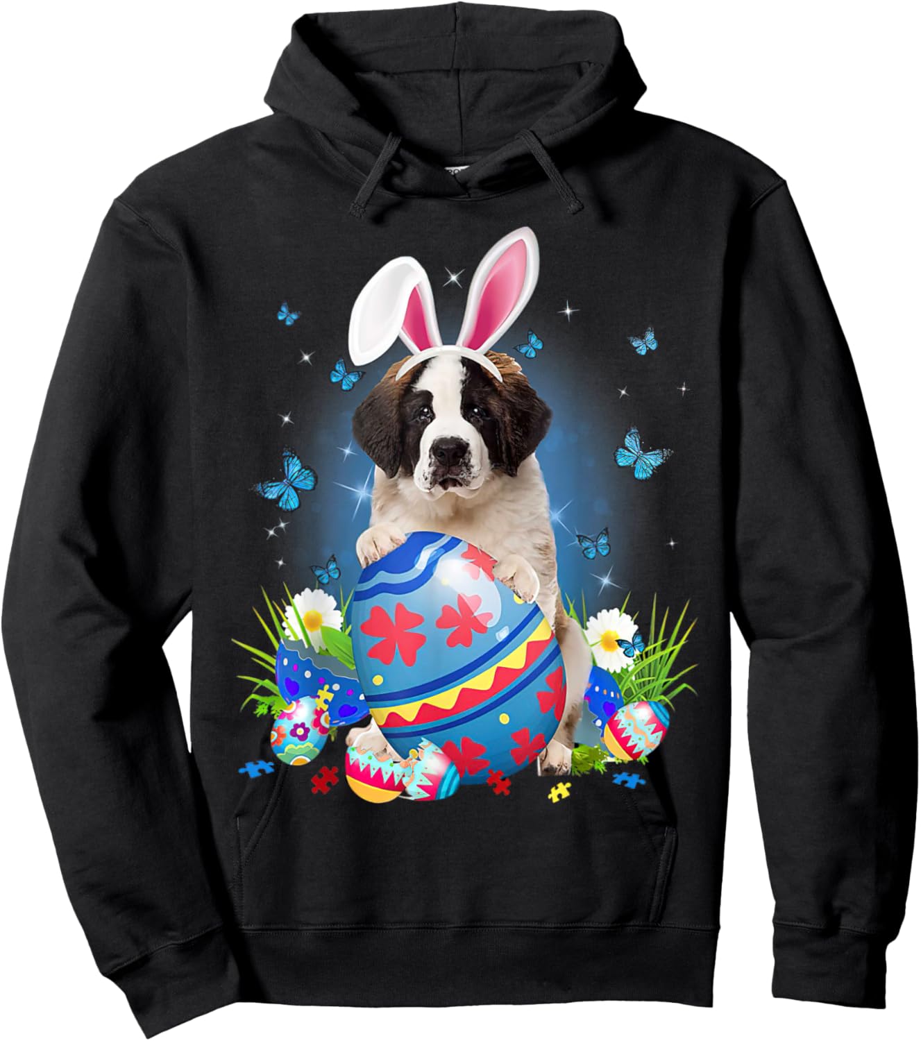 Easter Cute Saint Bernard Dog Lover Bunny Eggs Easter Hoodie - Hoodie | Black