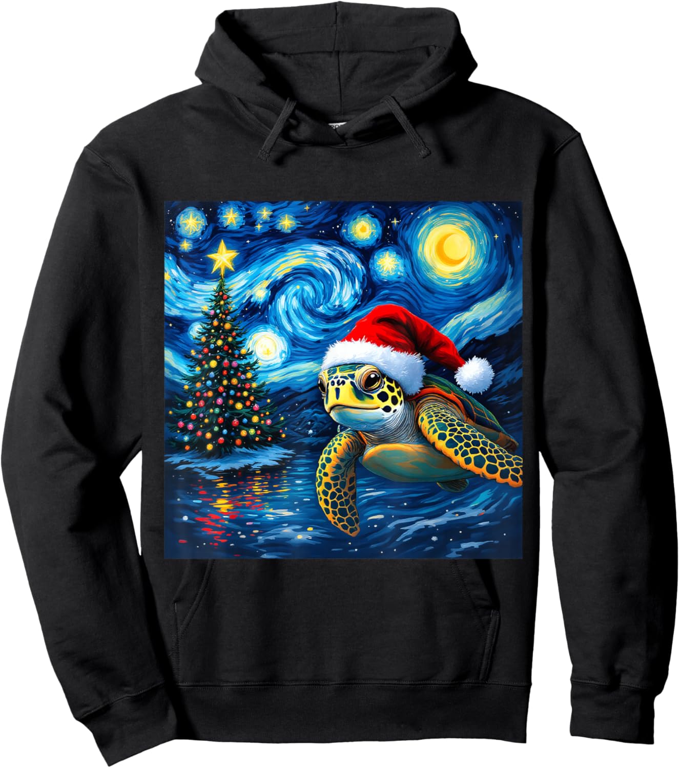 Christmas Sea Turtle Santa Hat Van Gogh Starry Night Holiday Hoodie - Hoodie | Black