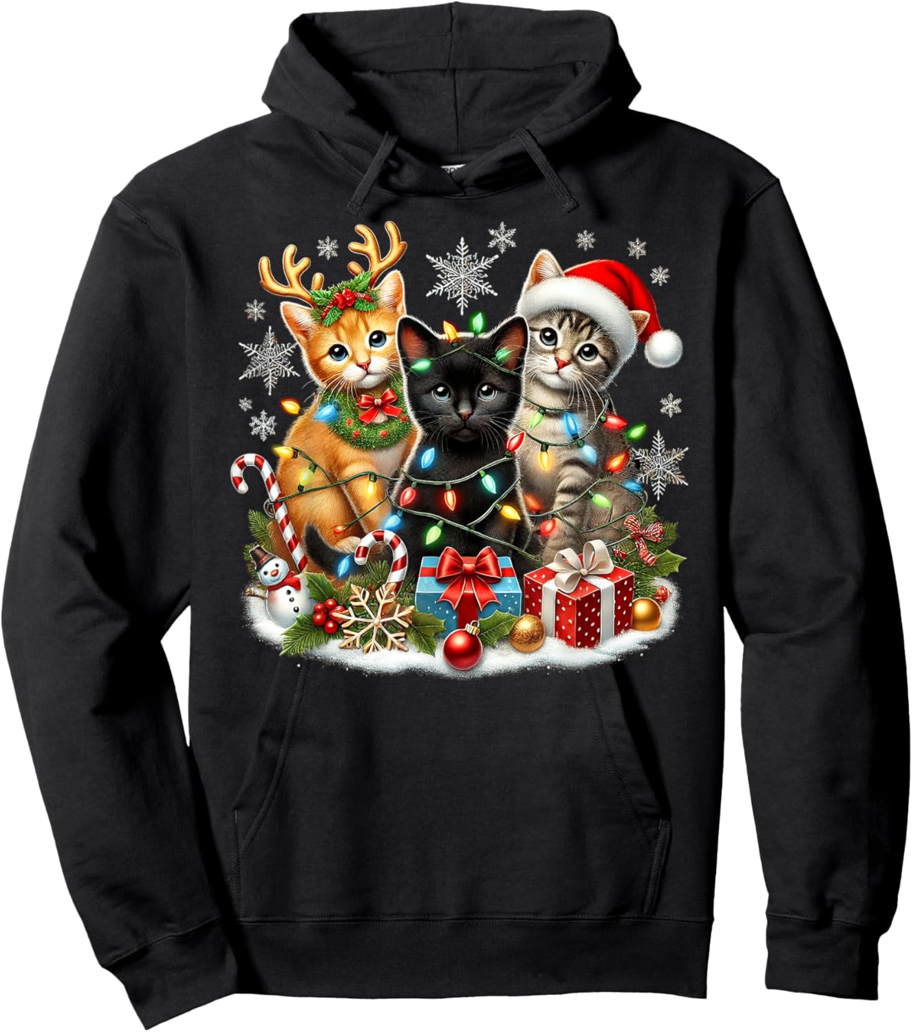 Merry Christmas Baby Cats Presents Snowflake Santa Claus Hoodie - Hoodie | Black