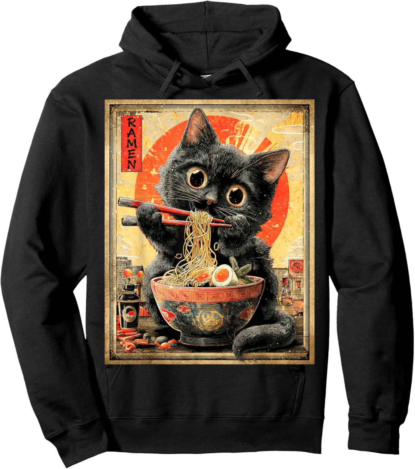 Funny Ramen Cat Anime Otaku Noodles Graphic Hoodie - Hoodie | Black