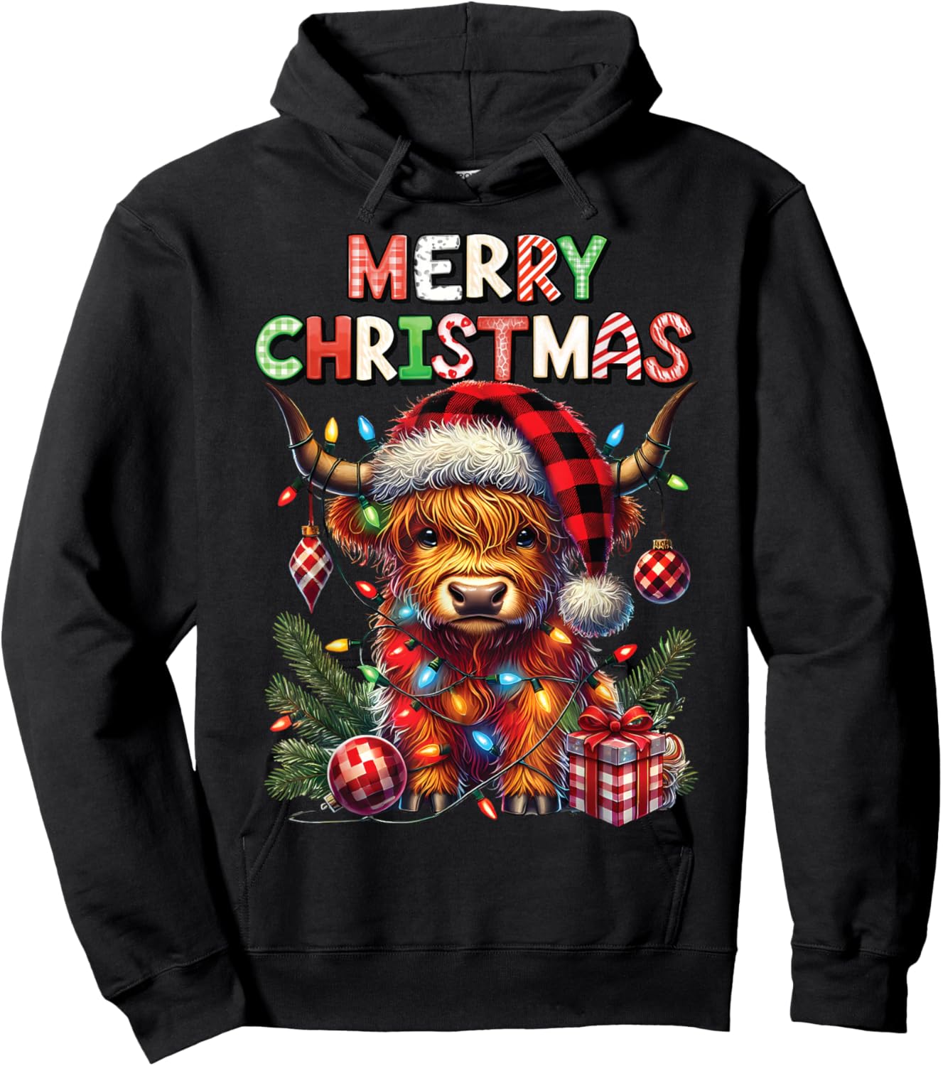 Merry Christmas Scottish Highland Cow Xmas Farm Animal Lover Hoodie - Hoodie | Black