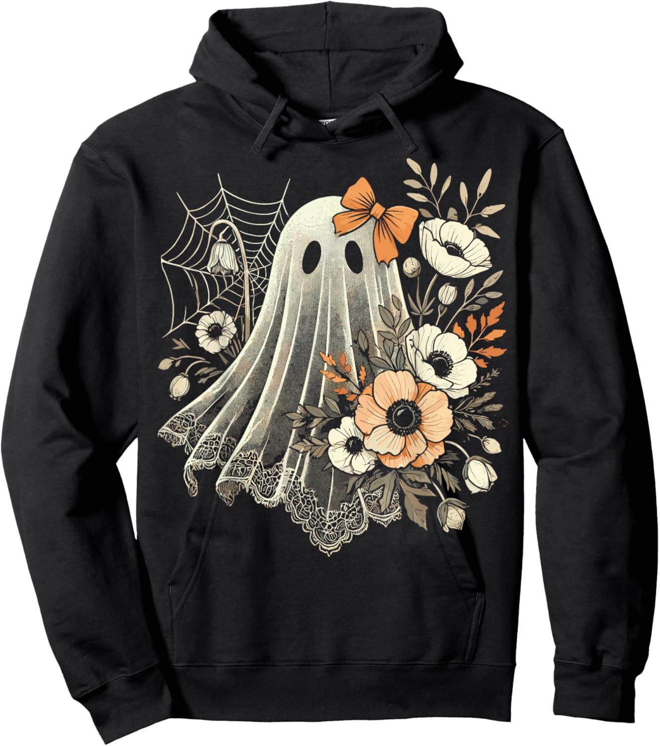 Halloween Ghost with Flowers Vintage Hoodie - Hoodie | Black