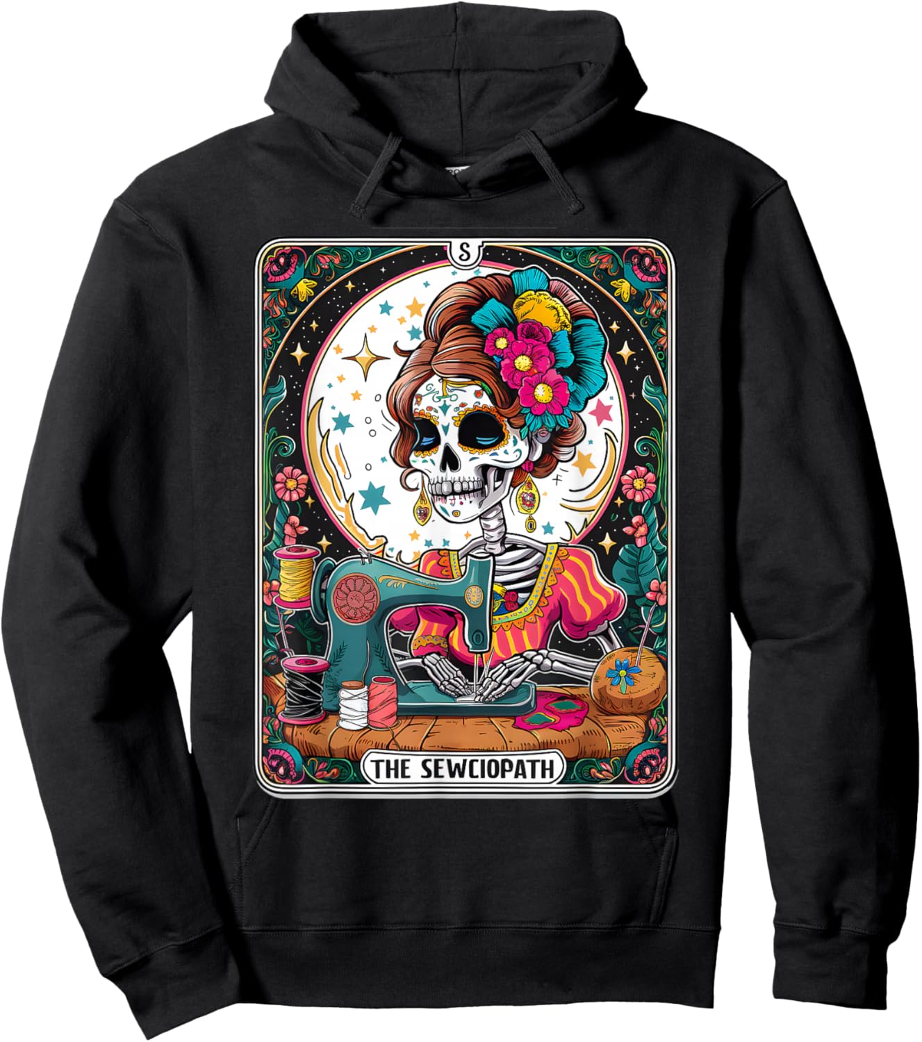 The Sew-ciopath Funny Tarot Card Sewing Skeleton Hoodie - Hoodie | Black