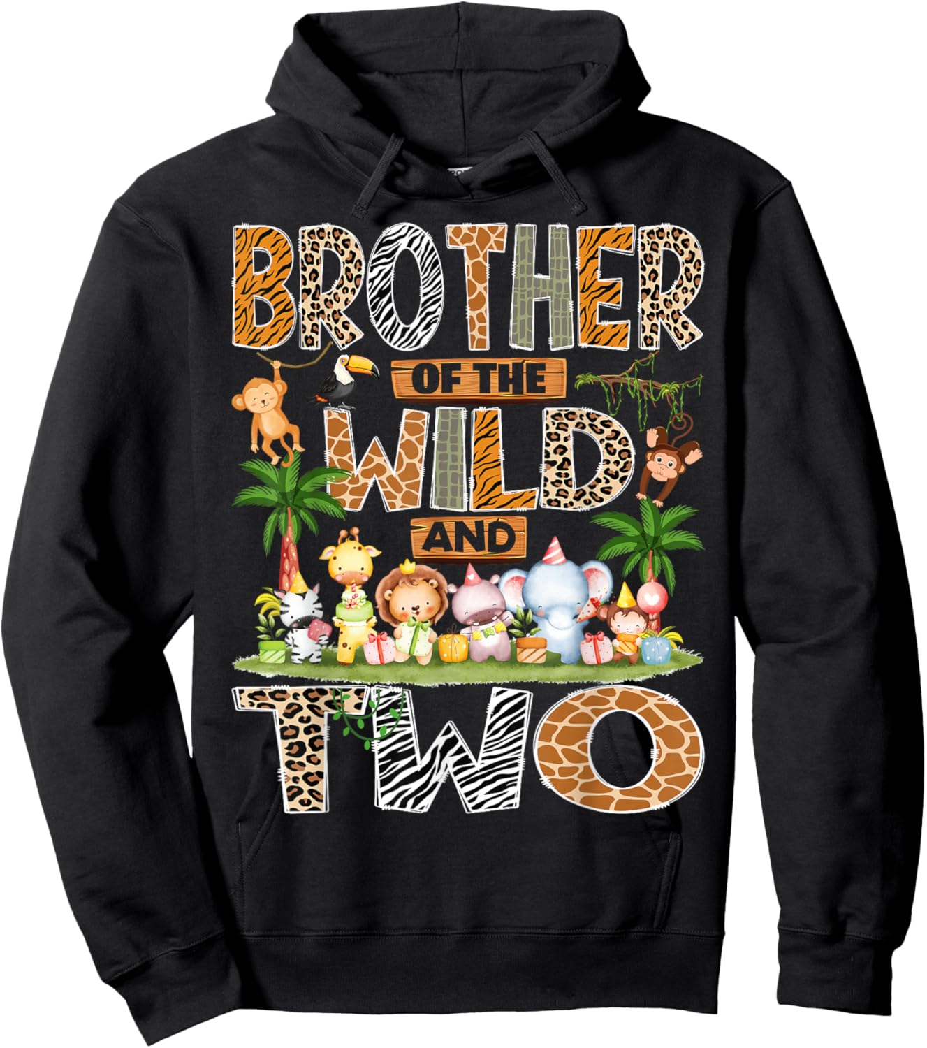 Brother of The Wild & Two 2nd Birthday Boy Safari Jungle Hoodie - Hoodie | Black