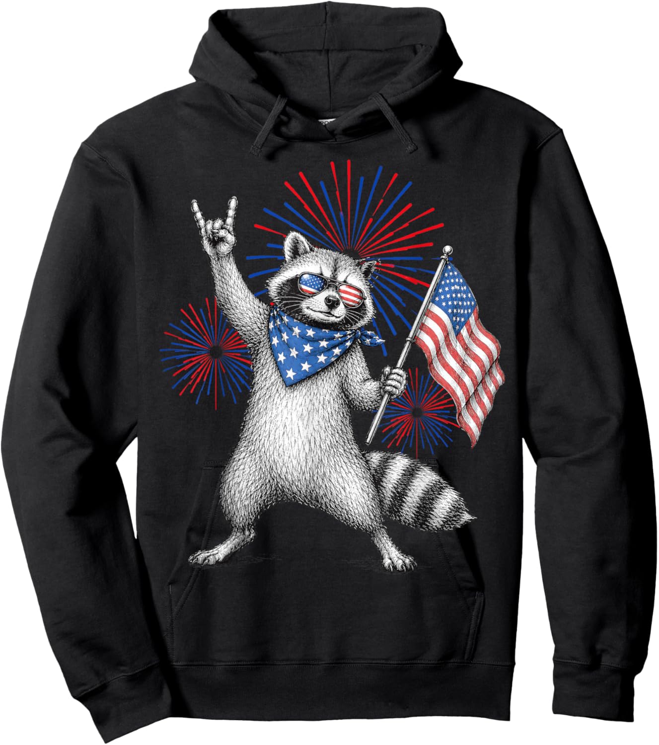 USA Flag Patriotic Raccoon Funny 4th of July Men Women Kids Hoodie - Hoodie | Black
