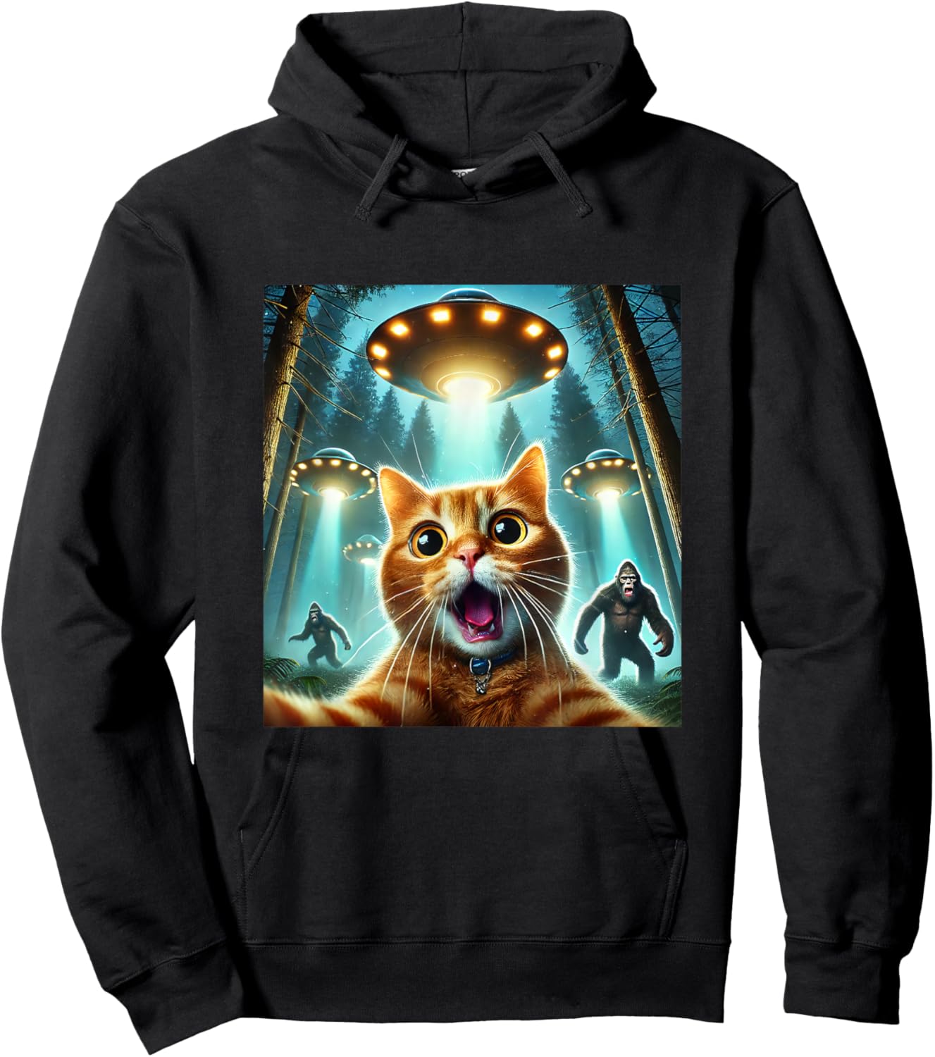 Cat Selfie With Bigfoot And Alien UFO Funny Hoodie - Hoodie | Black