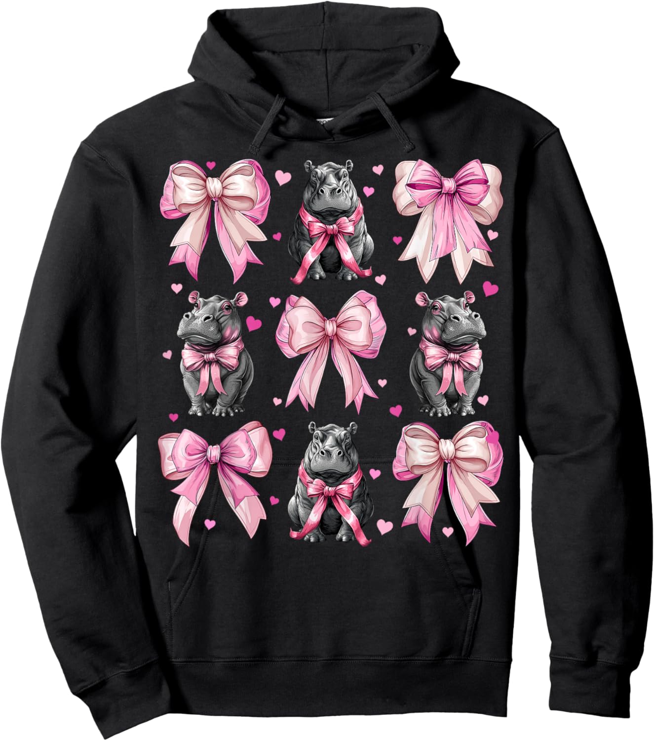 Coquette Bow Hippo Hippopotamus Blushing Girl Mom Pink Hoodie - Hoodie | Black