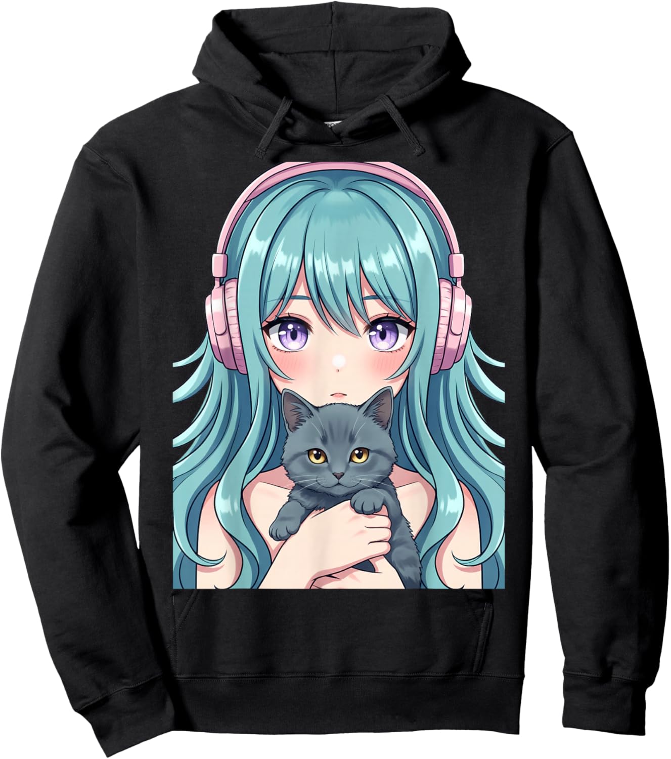 Kawaii Anime Girl Holding Kitten Cute Cat Illustration Hoodie - Hoodie | Black