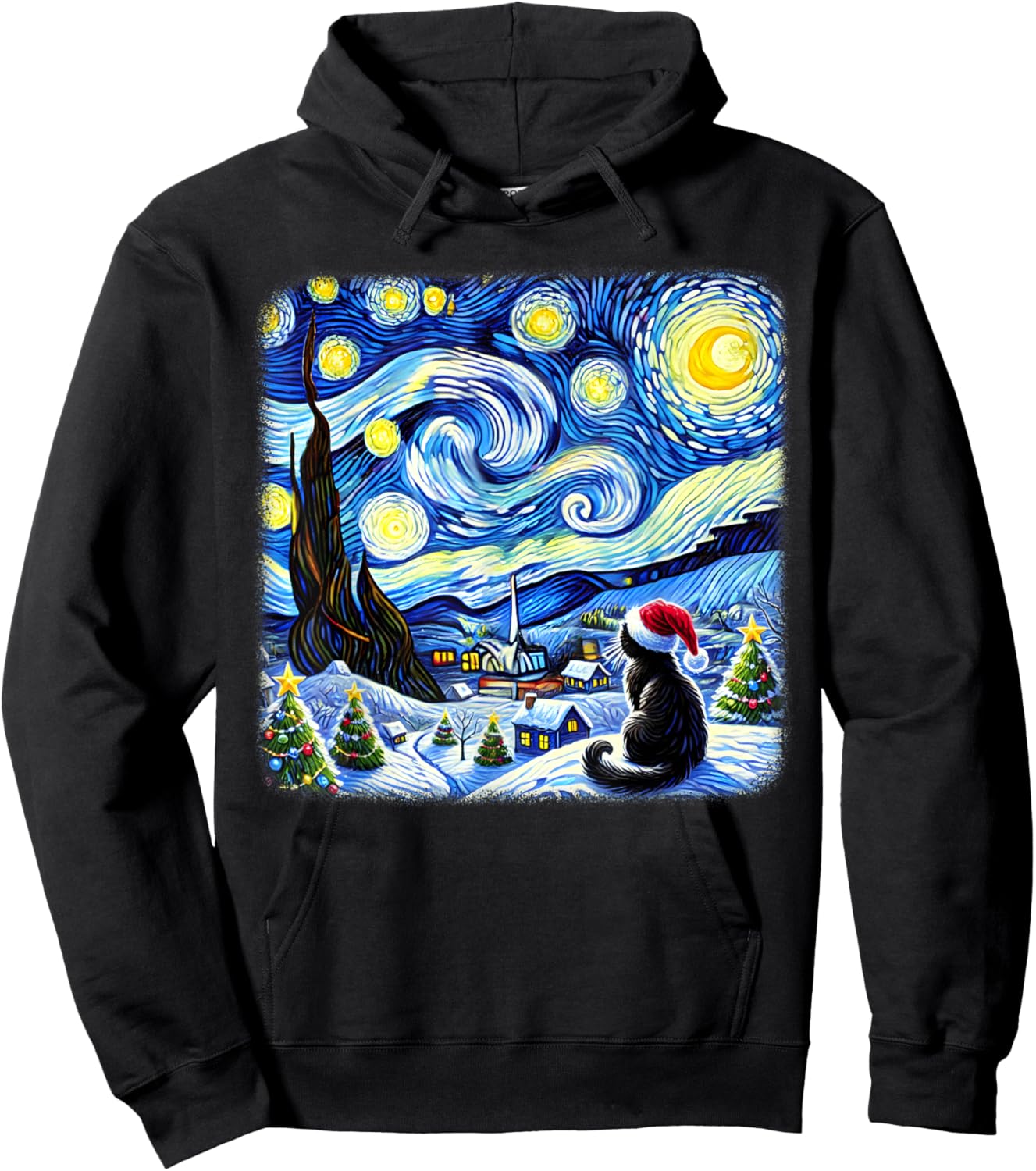 Christmas Van Gogh Starry Night Black Cat Santa Hat Xmas Hoodie - Hoodie | Black