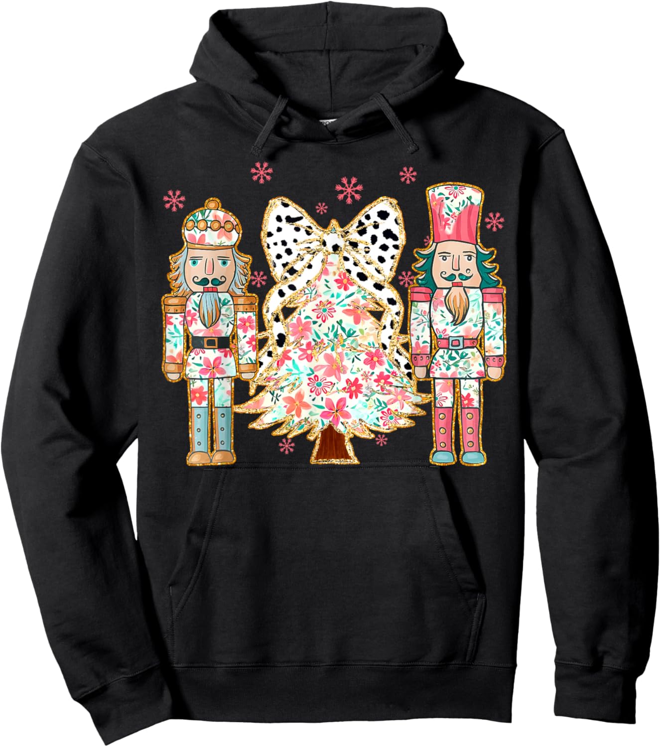Colorful Coquette Bow Floral Nutcracker Christmas Tree Girly Hoodie - Hoodie | Black