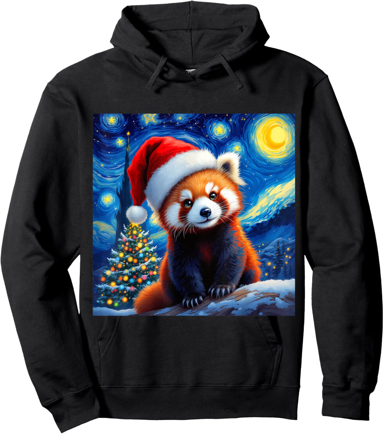 Christmas Red Panda Santa Hat Van Gogh Starry Night Holiday Hoodie - Hoodie | Black
