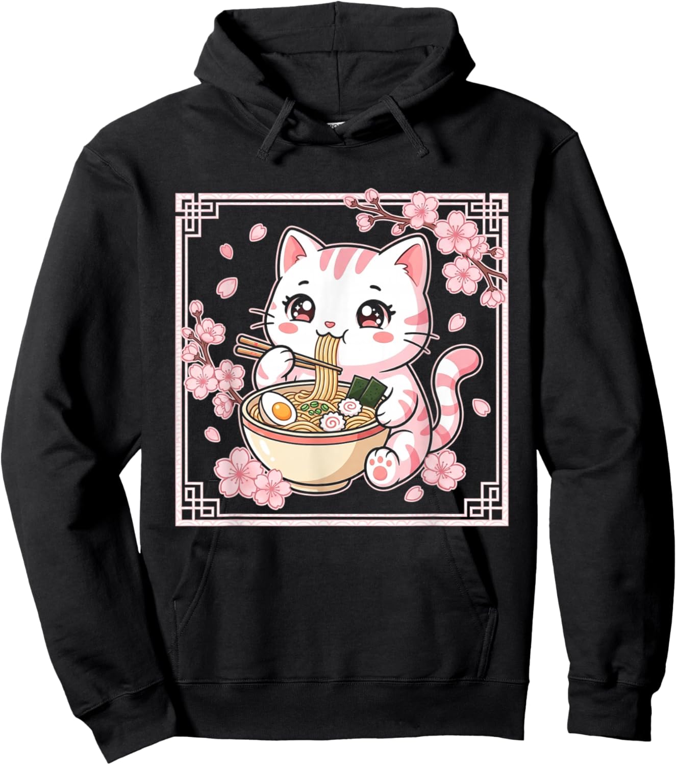 Kawaii Cat Ramen Anime Japanese Cherry Blossom Women Girls Hoodie - Hoodie | Black
