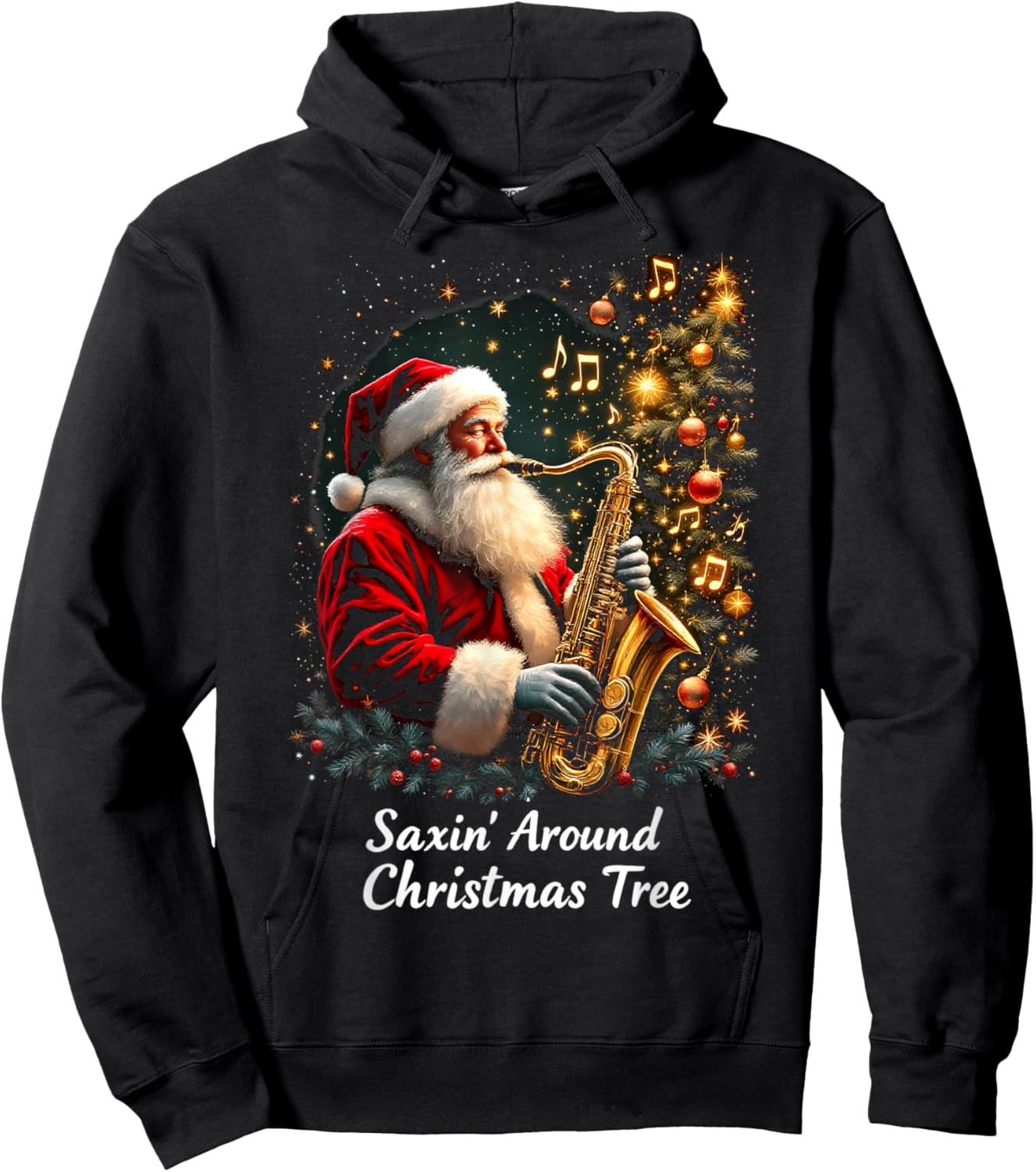Saxophone Santa Jazz Christmas Saxin Around Christmas Tree Hoodie - Hoodie | Black