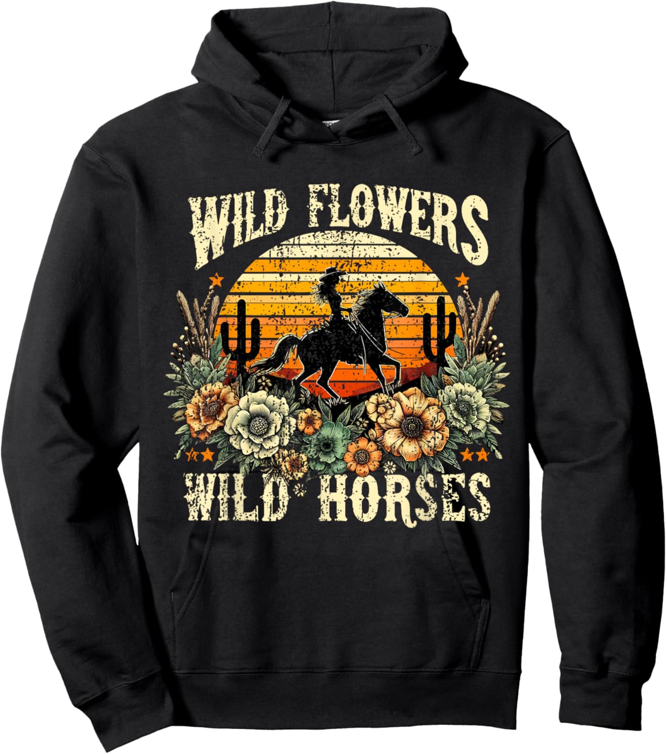 Retro Cowgirl Wild Flowers - Wild Horses Vintage Style Hoodie - Hoodie | Black