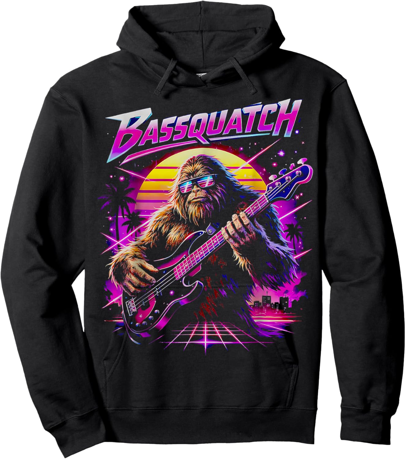 Vintage Bassquatch! Funny Bigfoot Bass Guitar 90s Hoodie - Hoodie | Black